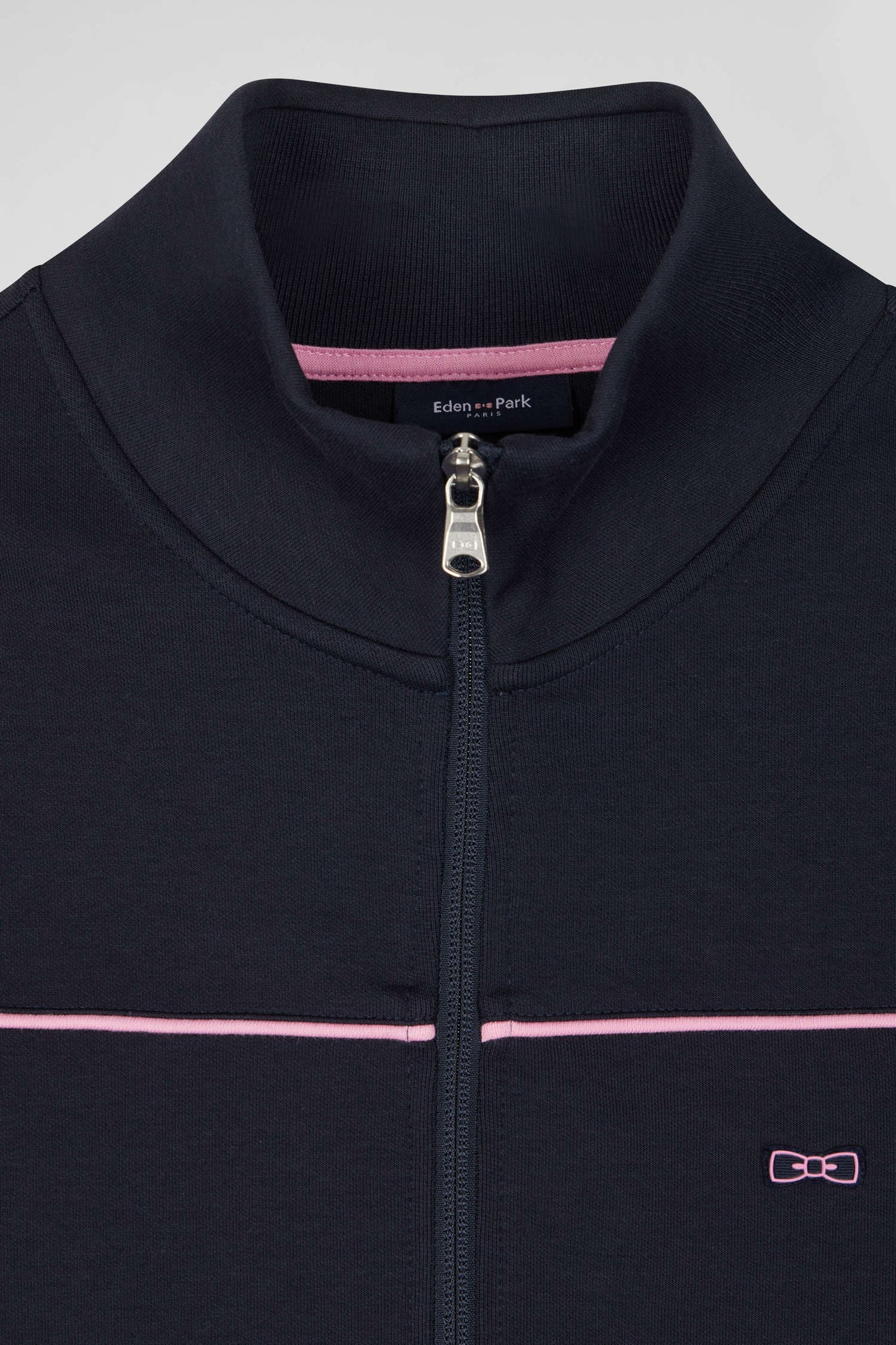 Regular navy zipped high neck sweatshirt with pink piping