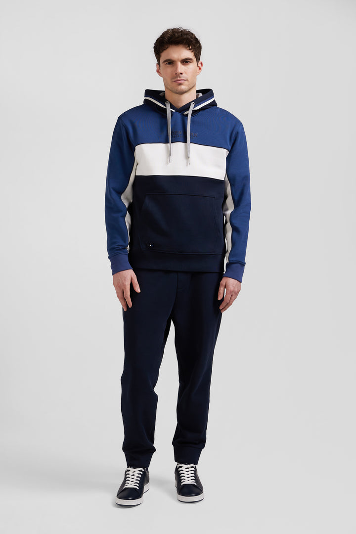 Relaxed dark blue tricolor cotton hoodie