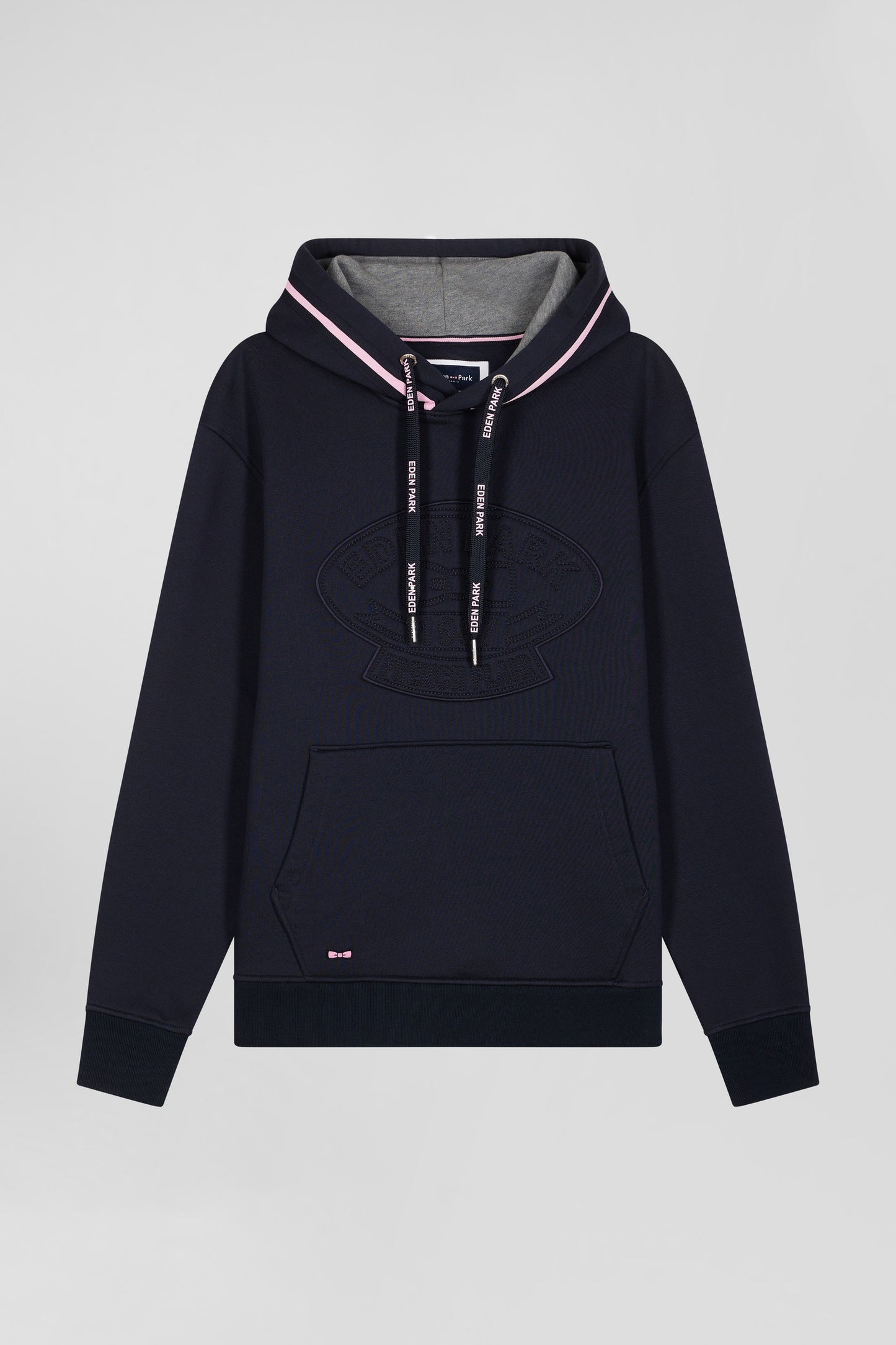 Relaxed navy blue cotton blend hoodie with padded embroidery