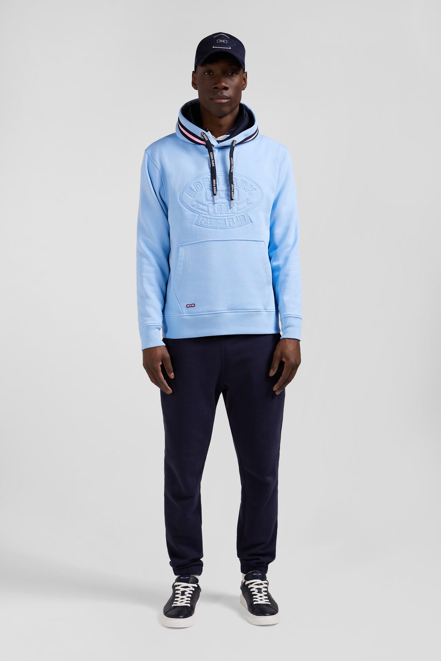 Relaxed sky blue cotton blend hoodie with padded embroidery