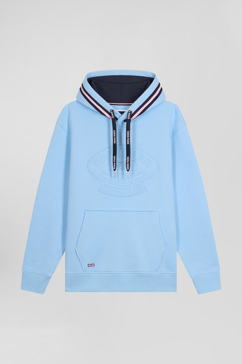 Relaxed sky blue cotton blend hoodie with padded embroidery - Image 2