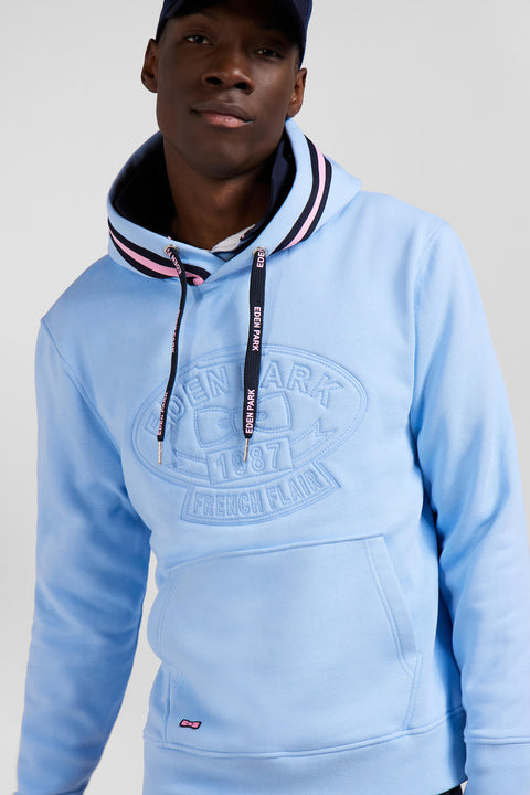 Relaxed sky blue cotton blend hoodie with padded embroidery - Image 3