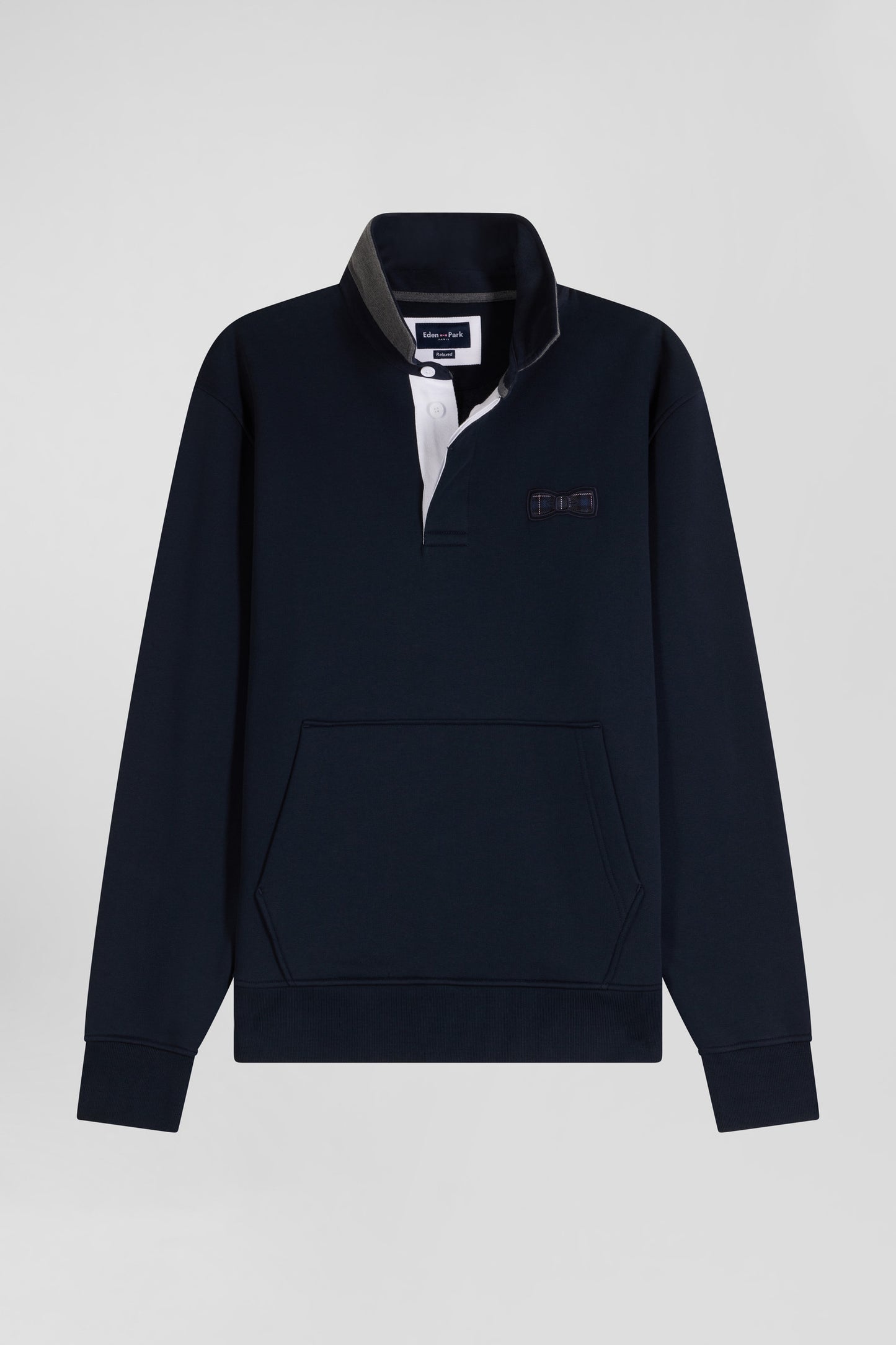 Relaxed navy blue cotton blend sweatshirt with checked patchwork and rugby shirt collar