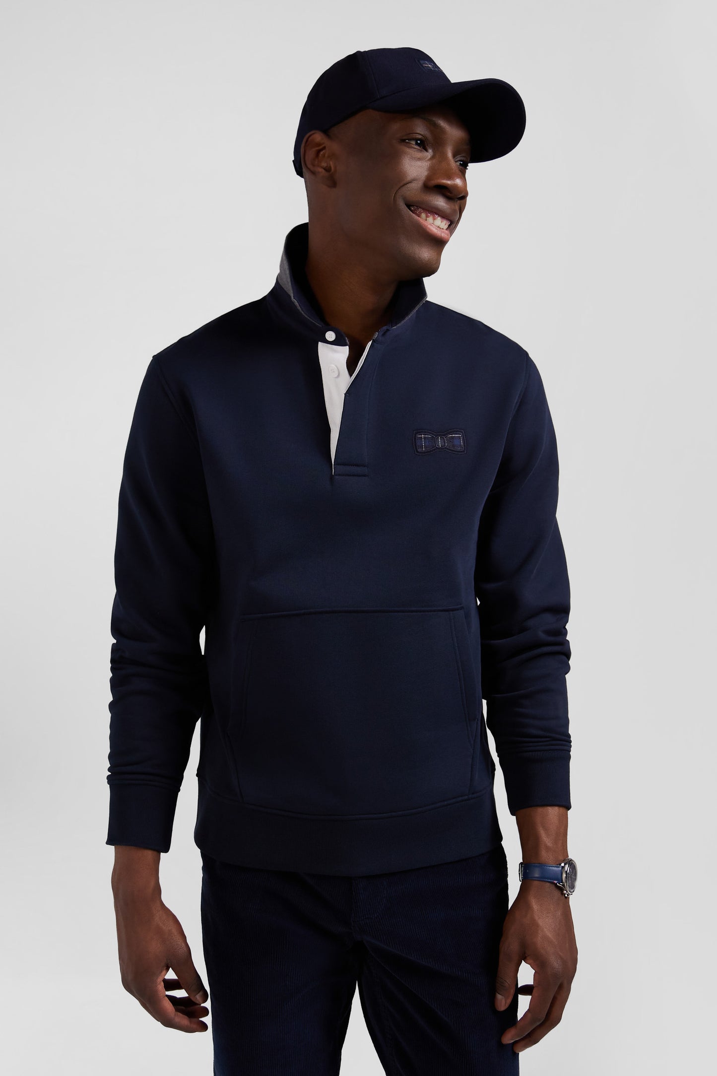 Relaxed navy blue cotton blend sweatshirt with checked patchwork and rugby shirt collar