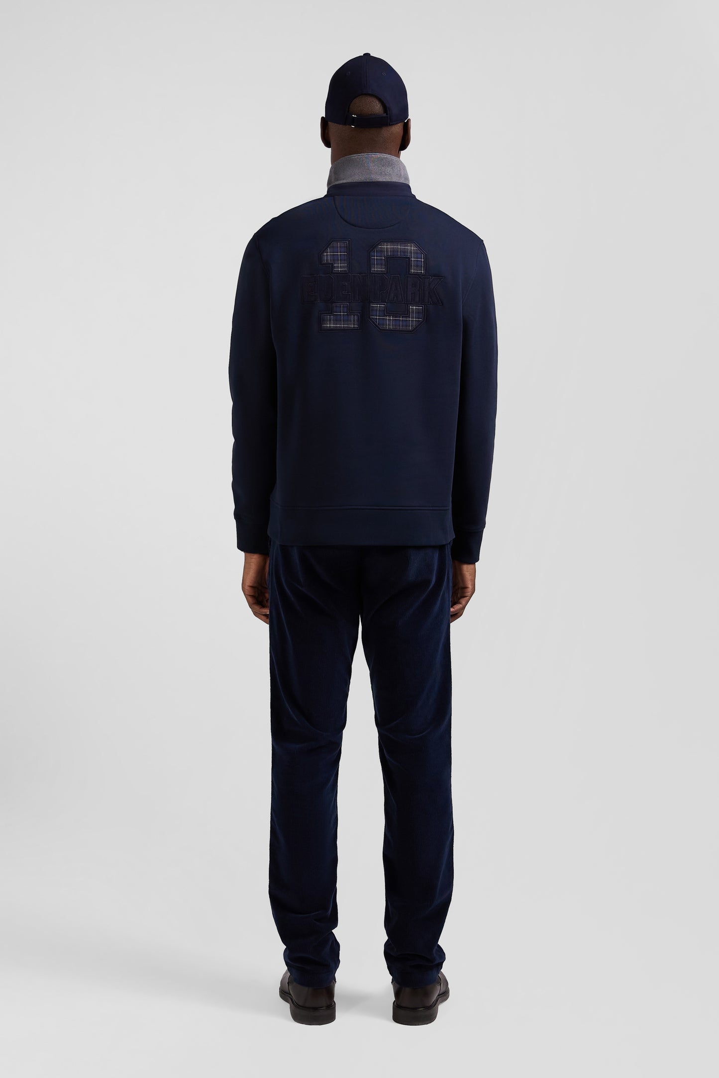 Relaxed navy blue cotton blend sweatshirt with checked patchwork and rugby shirt collar