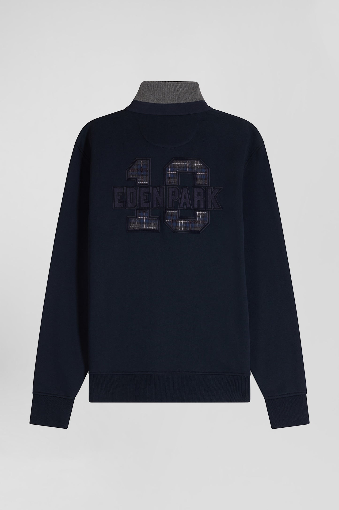 Relaxed navy blue cotton blend sweatshirt with checked patchwork and rugby shirt collar