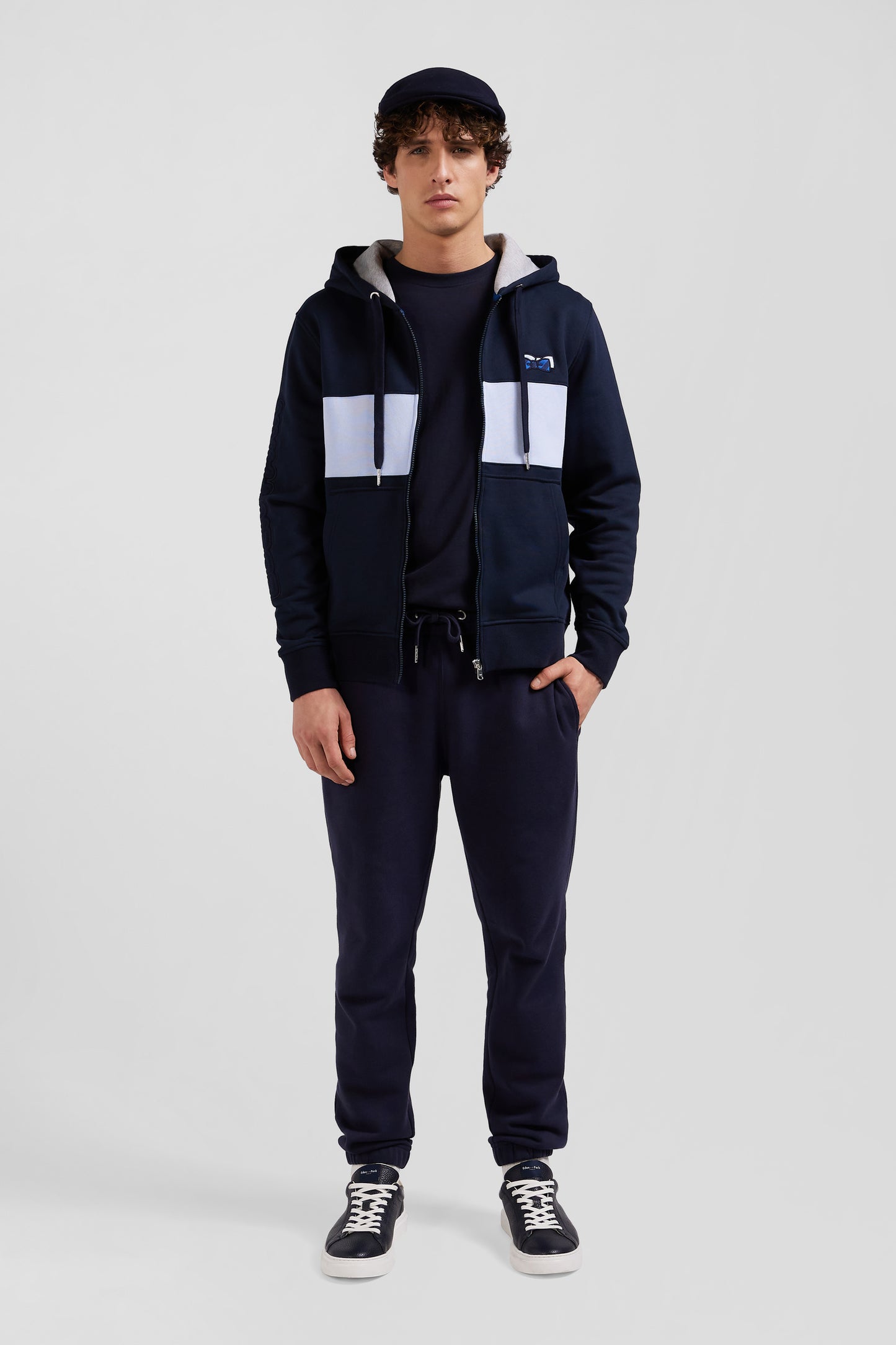 Regular sky blue zipped cotton hoodie