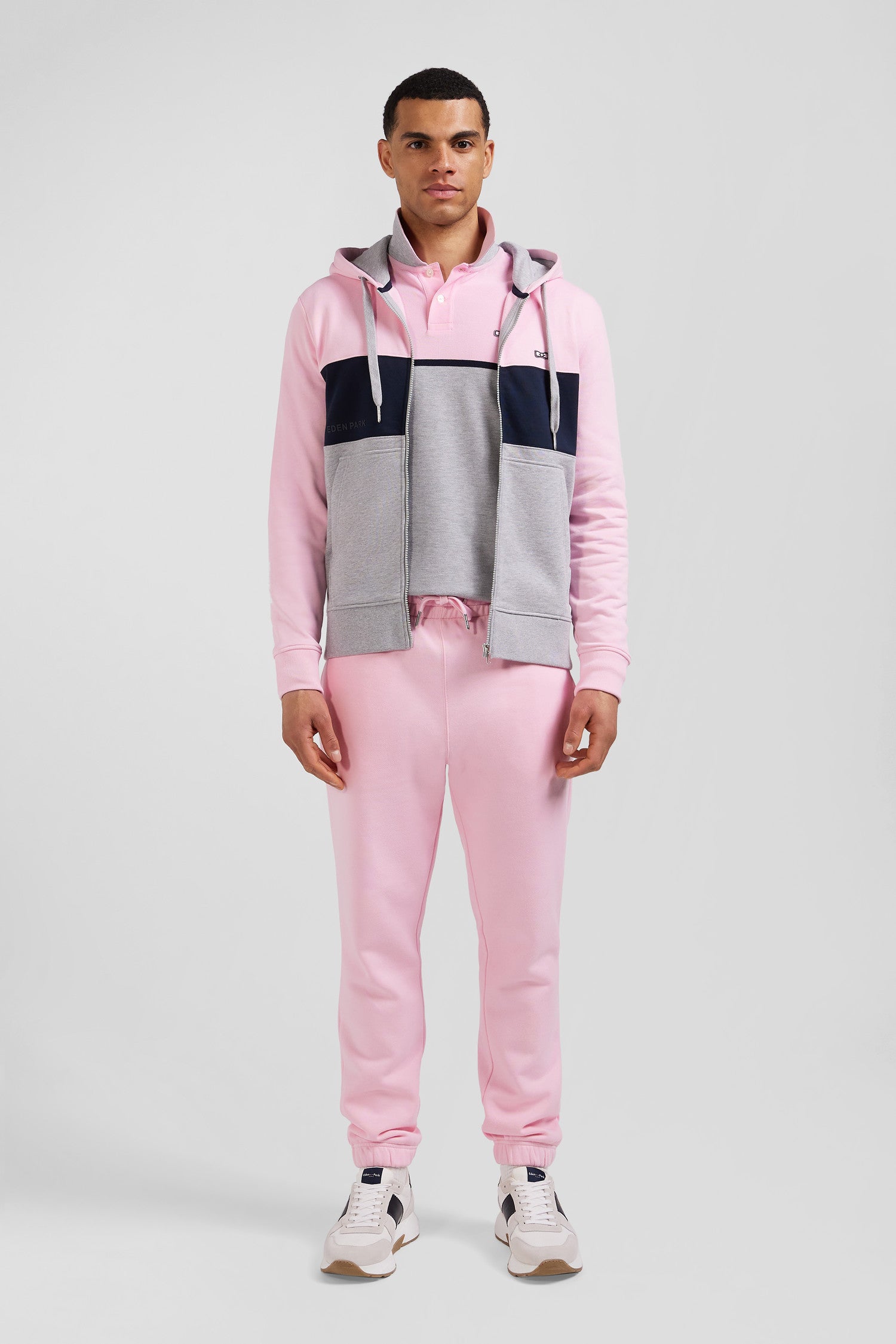 Regular pink colorblock zipped cotton hoodie