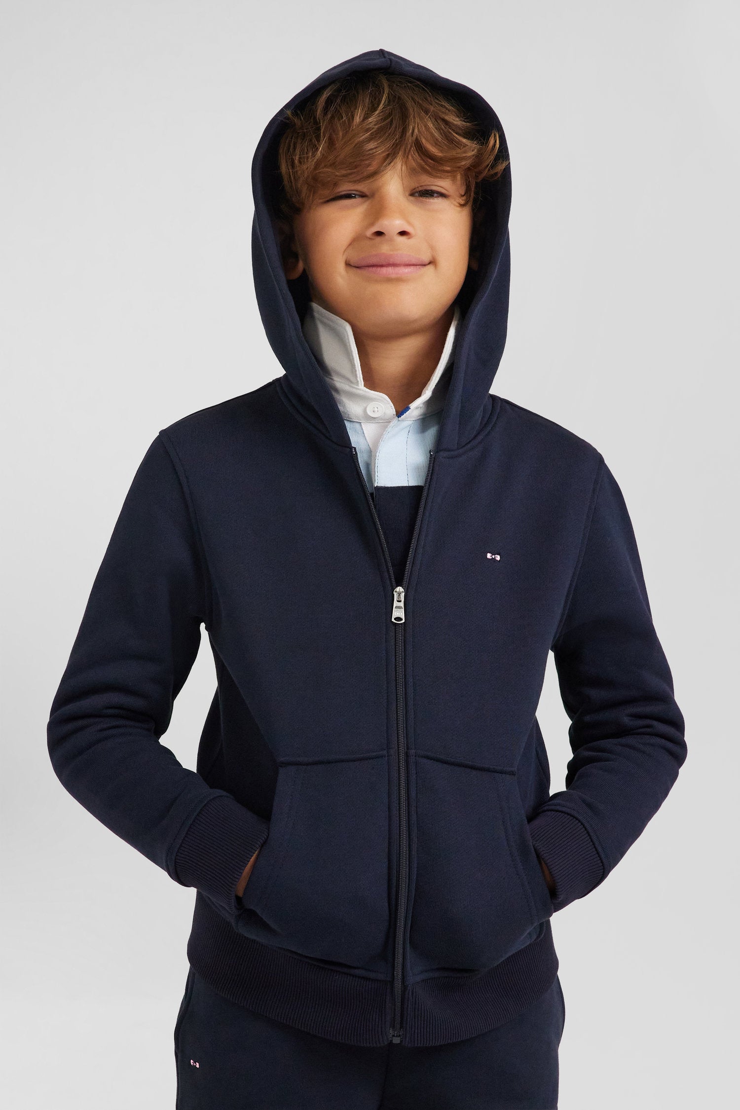 Regular navy blue zipped cotton hoodie