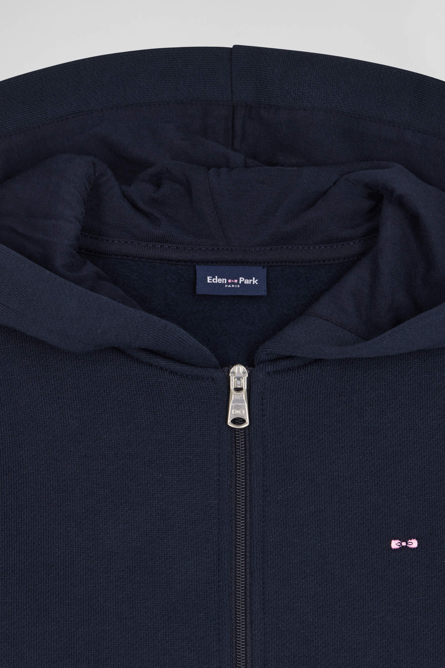 Regular navy blue zipped cotton hoodie