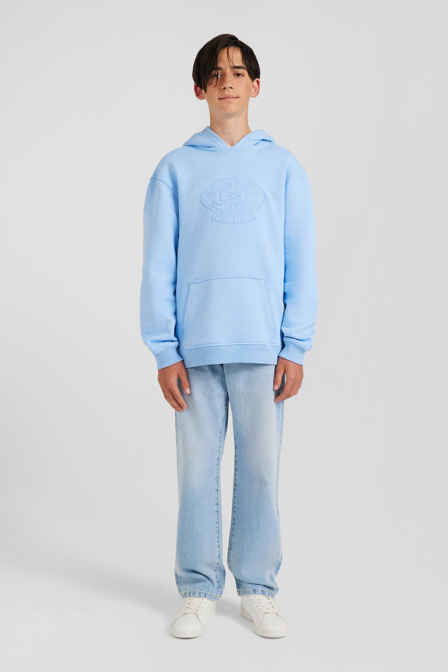 Oversize sky blue embroidered cotton blend hoodie