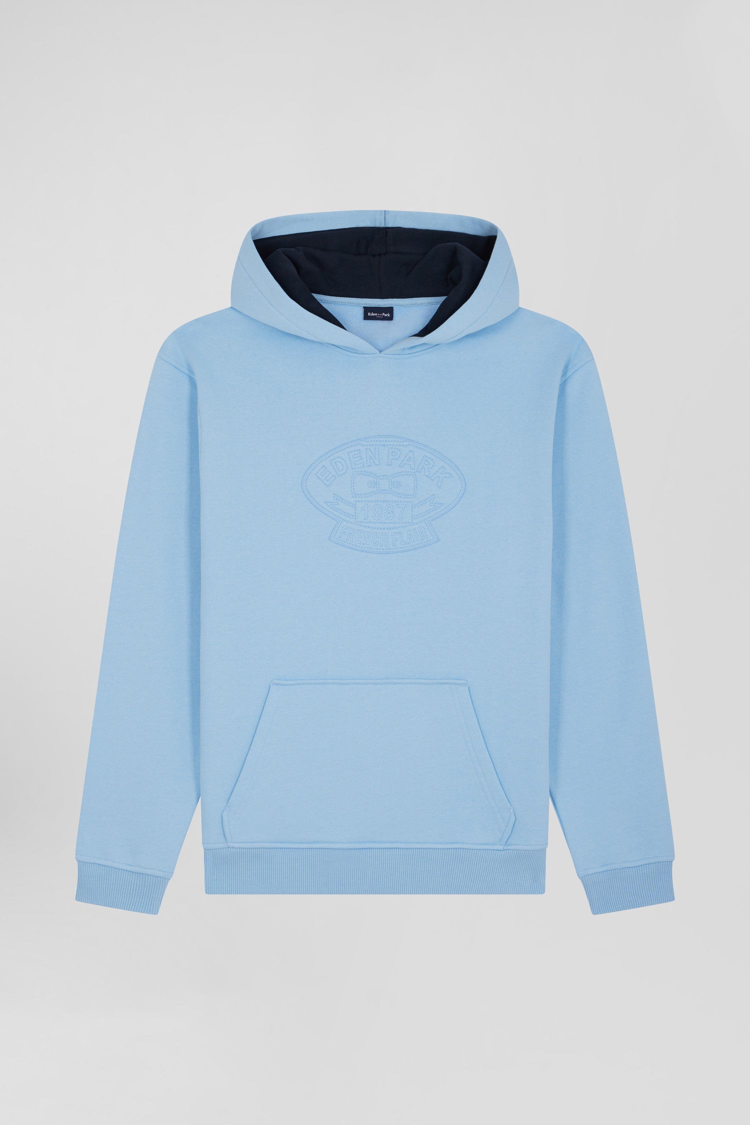 Oversize sky blue embroidered cotton blend hoodie