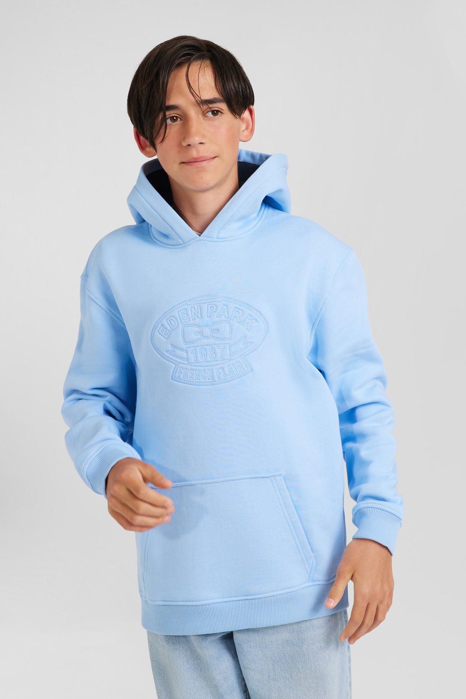 Oversize sky blue embroidered cotton blend hoodie