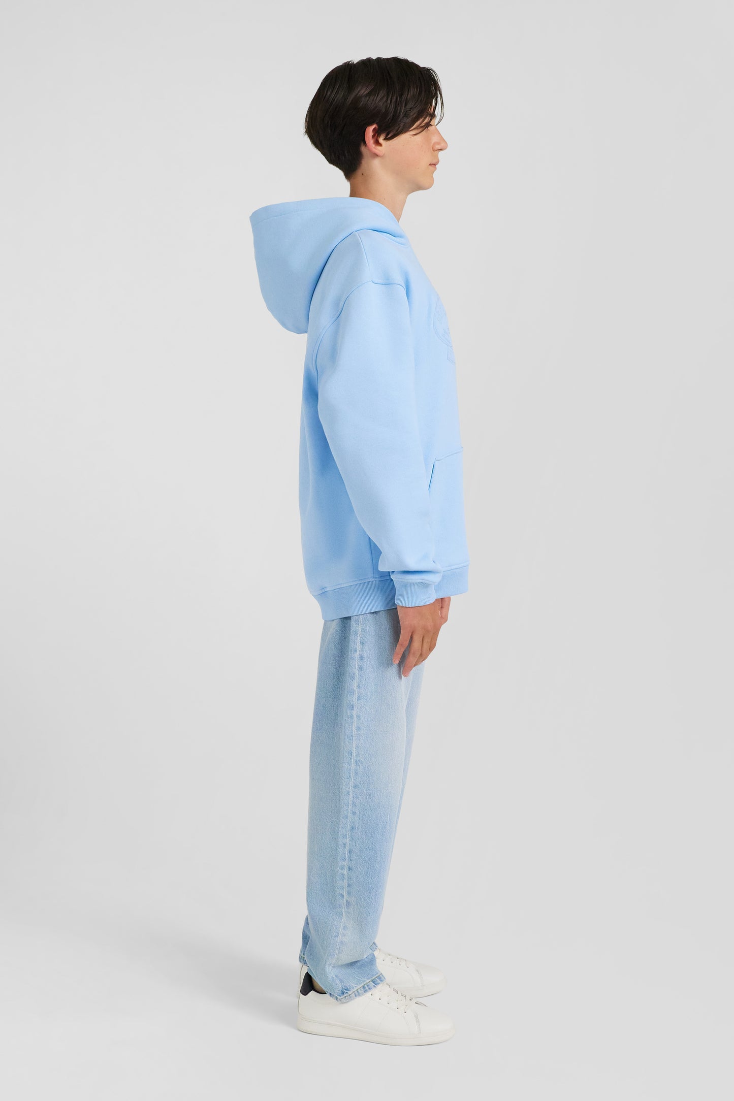 Oversize sky blue embroidered cotton blend hoodie