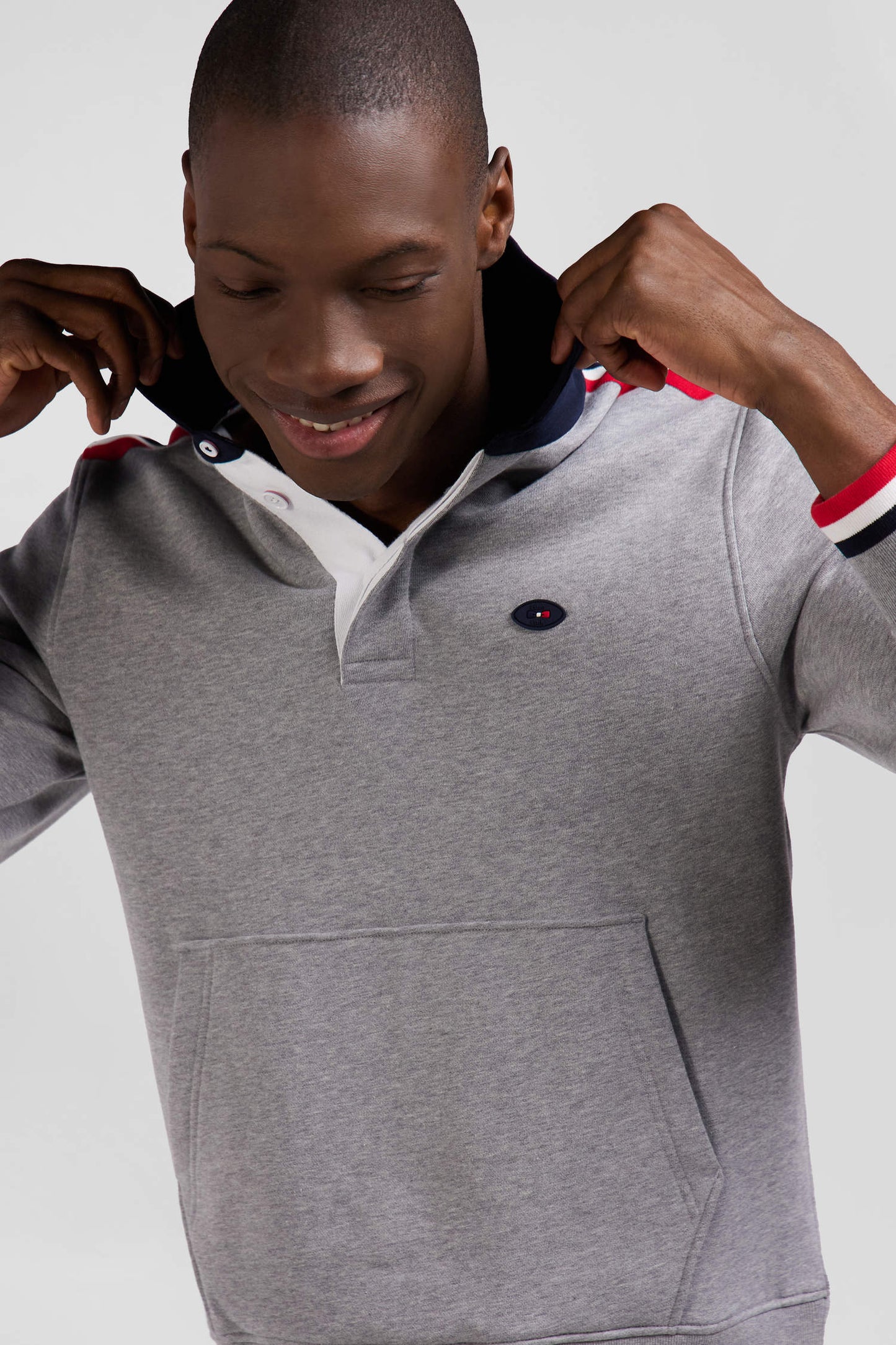 Regular mottled grey XV de France cotton sweatshirt with rugby shirt collar