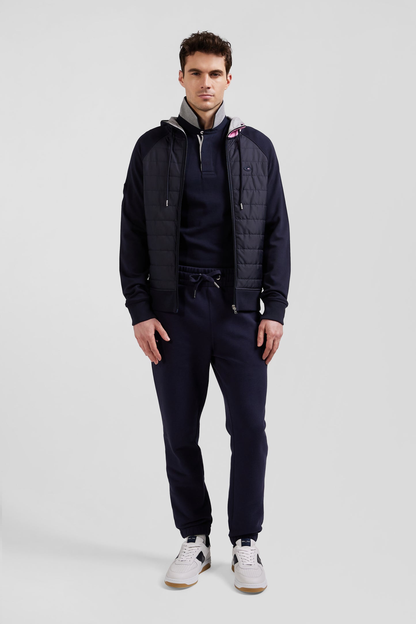 XV de France zipped hooded sweatshirt in cotton blend with navy blue trim, regular fit