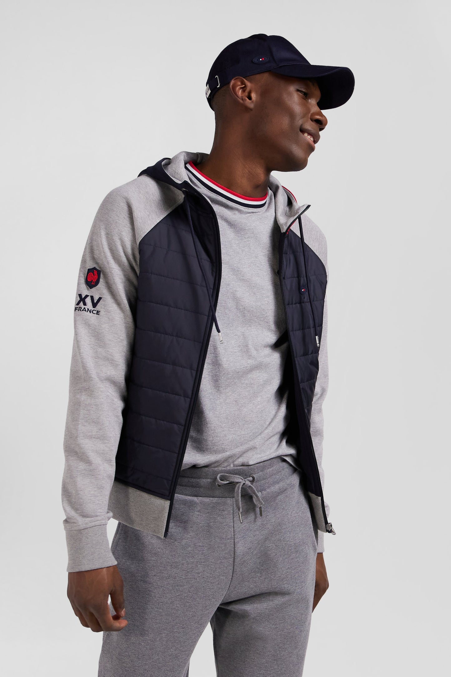 XV de France hooded sweatshirt with zip in cotton blend and grey trimming Regular cut