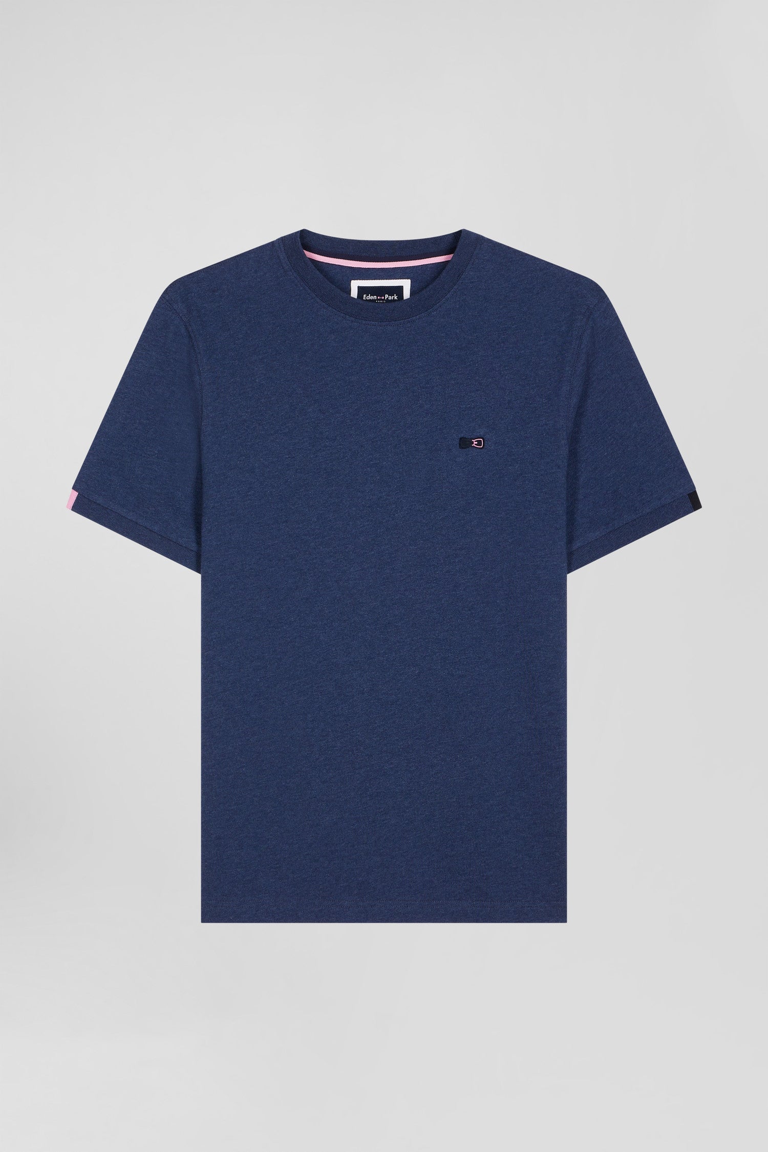 Regular blue short-sleeved cotton T-shirt with emblem embroidery