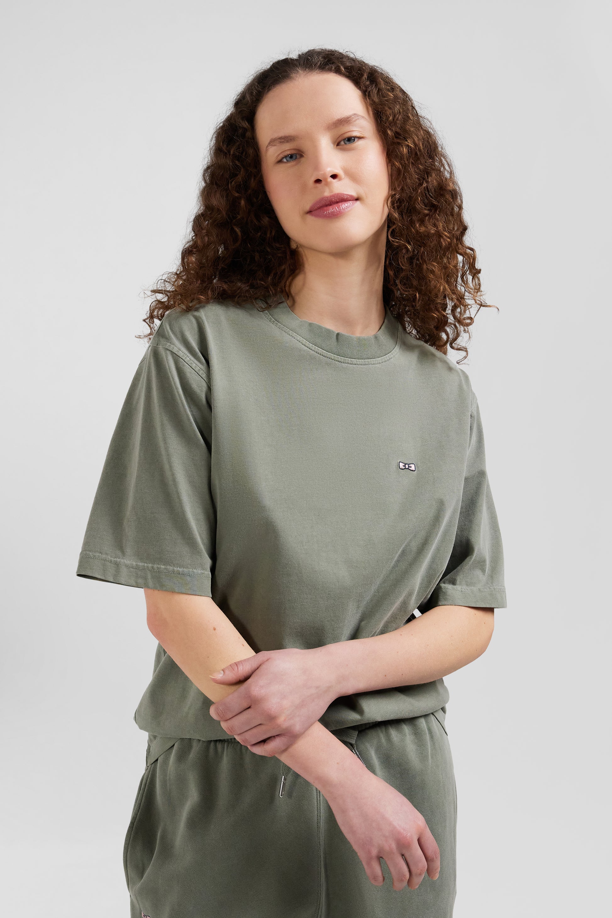 Oversize khaki unisex short-sleeved T-shirt in overdyed cotton