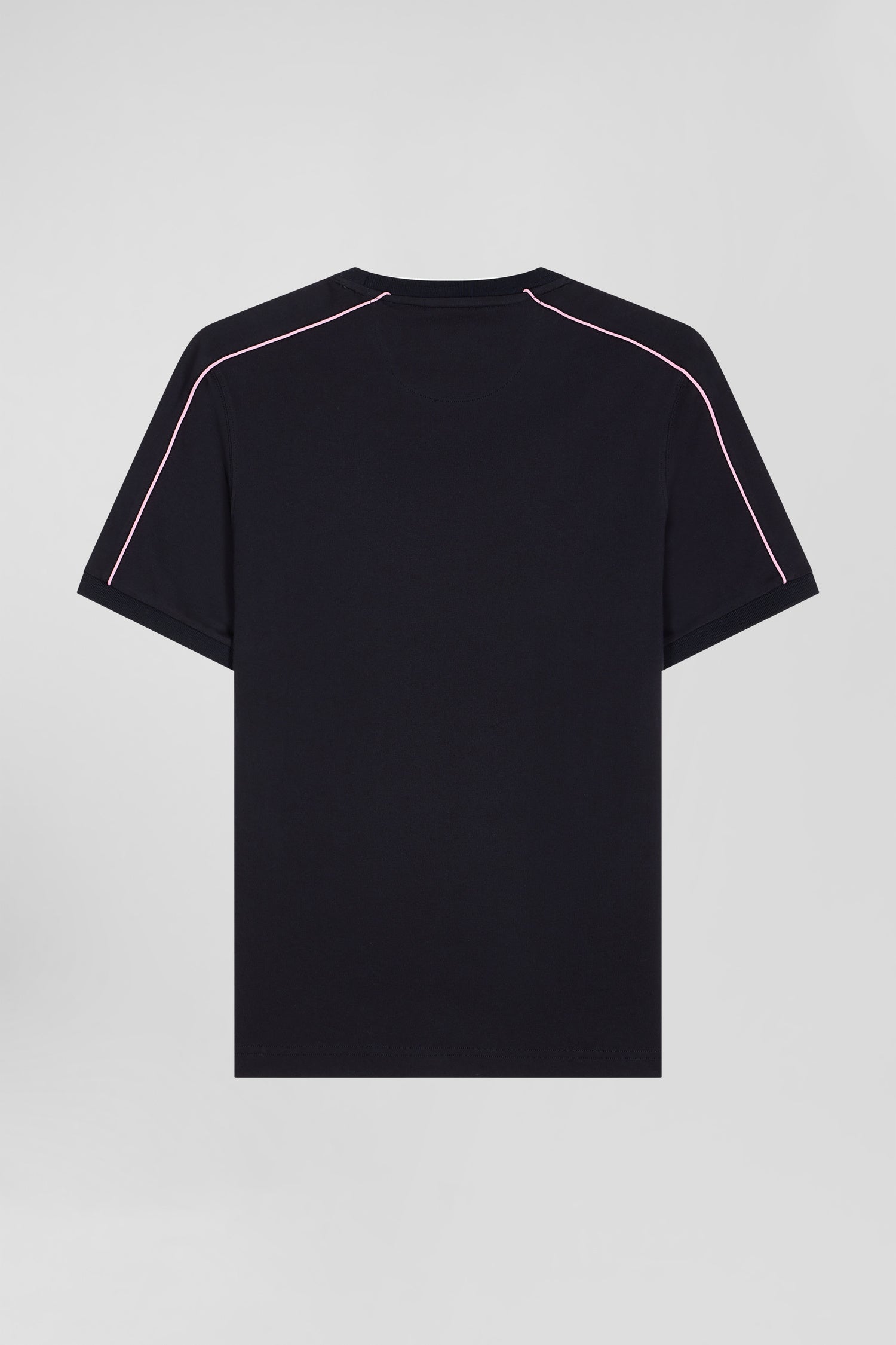 Regular navy short-sleeved cotton T-shirt with pink piping