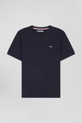 Regular navy short-sleeved cotton T-shirt with back emblem embroidery