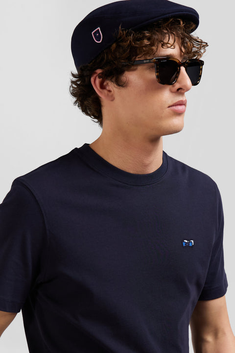 Regular navy blue short-sleeved cotton T-shirt with back embroidery - Image 3