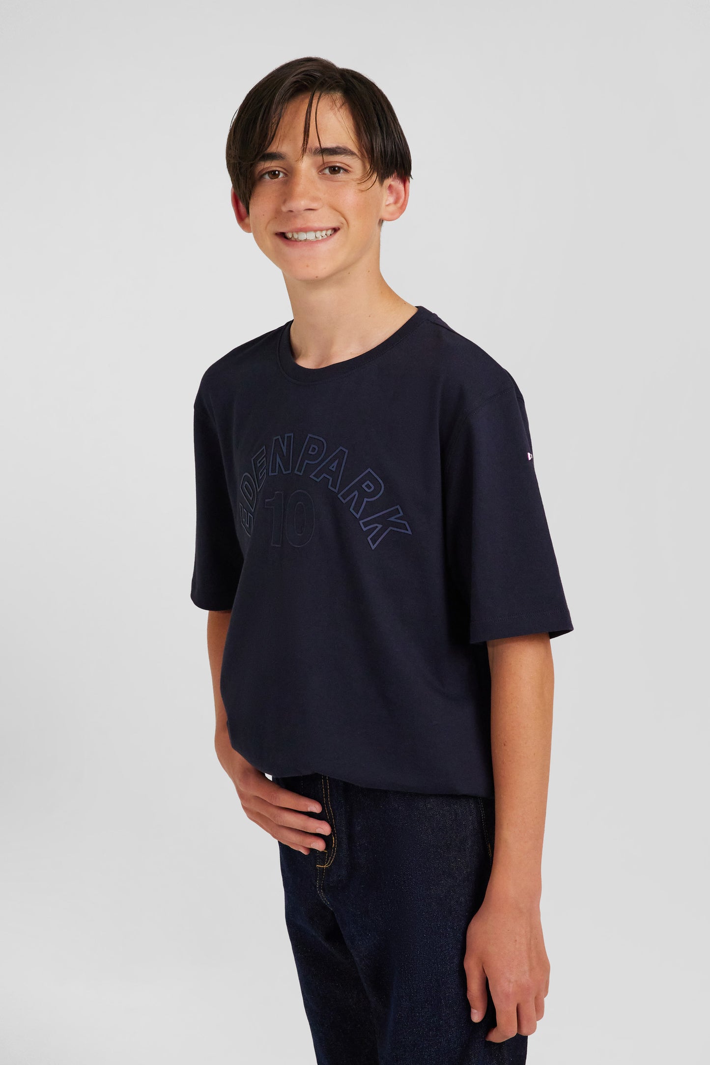 Oversize navy blue embroidered short-sleeved cotton T-shirt