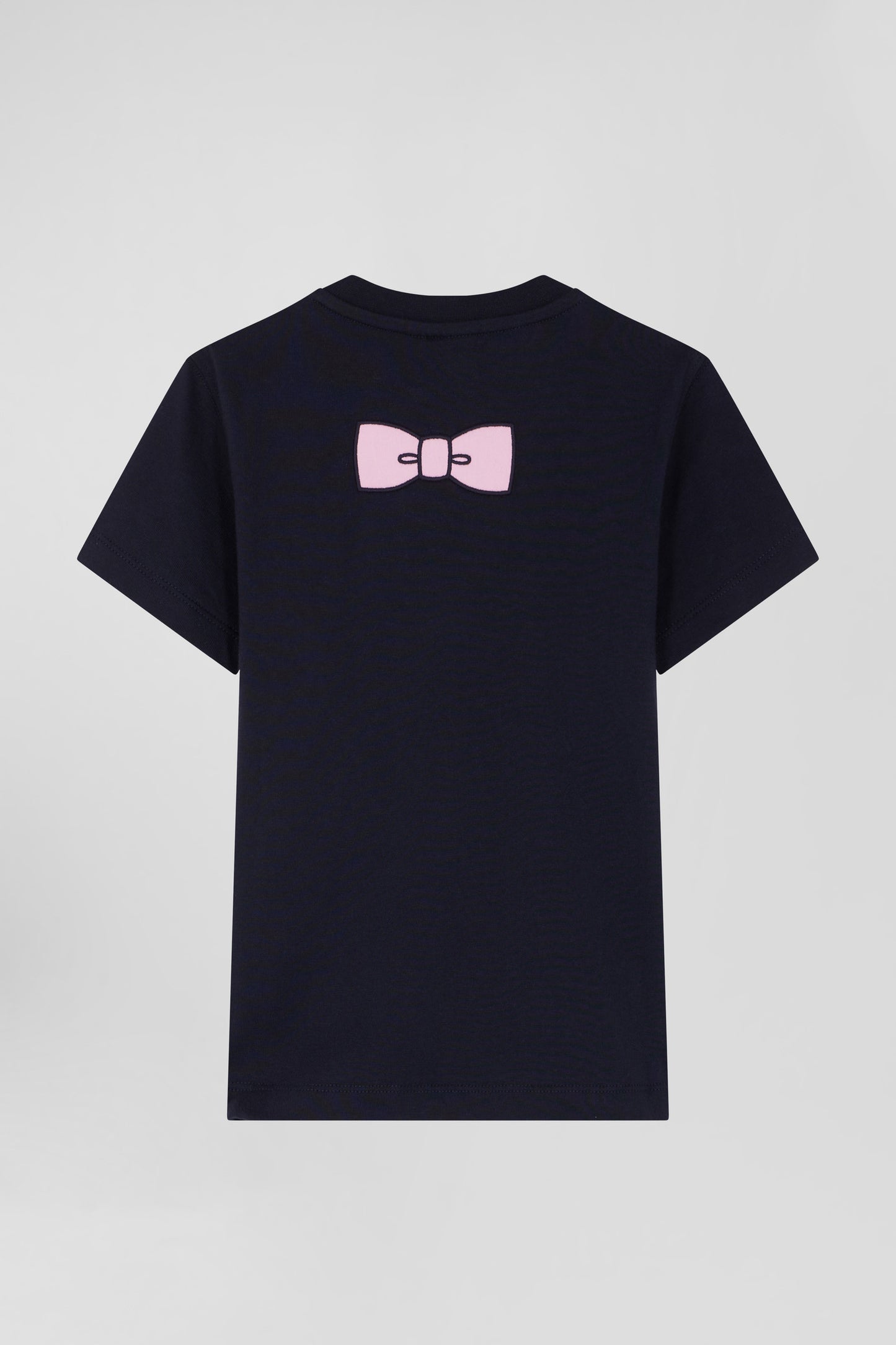 Regular navy short-sleeved cotton T-shirt with bow tie embroidery