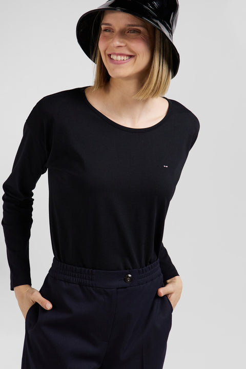 Long-sleeved round-neck t-shirt in black cotton - Image 3