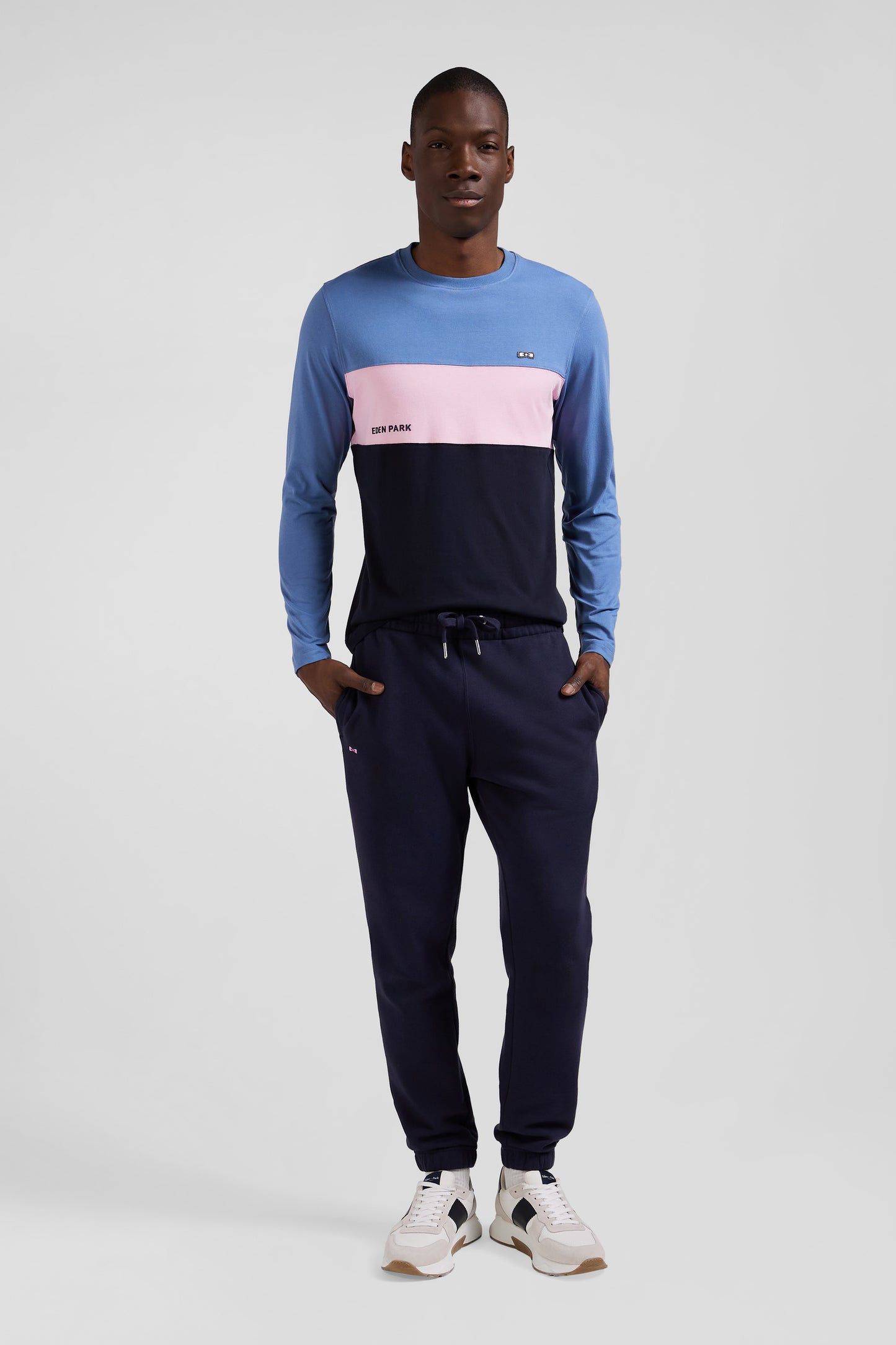 Regular blue colorblock long-sleeved cotton T-shirt