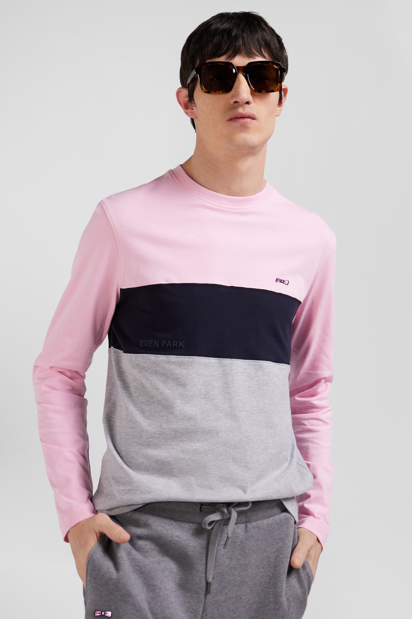 Regular pink colorblock long-sleeved cotton T-shirt