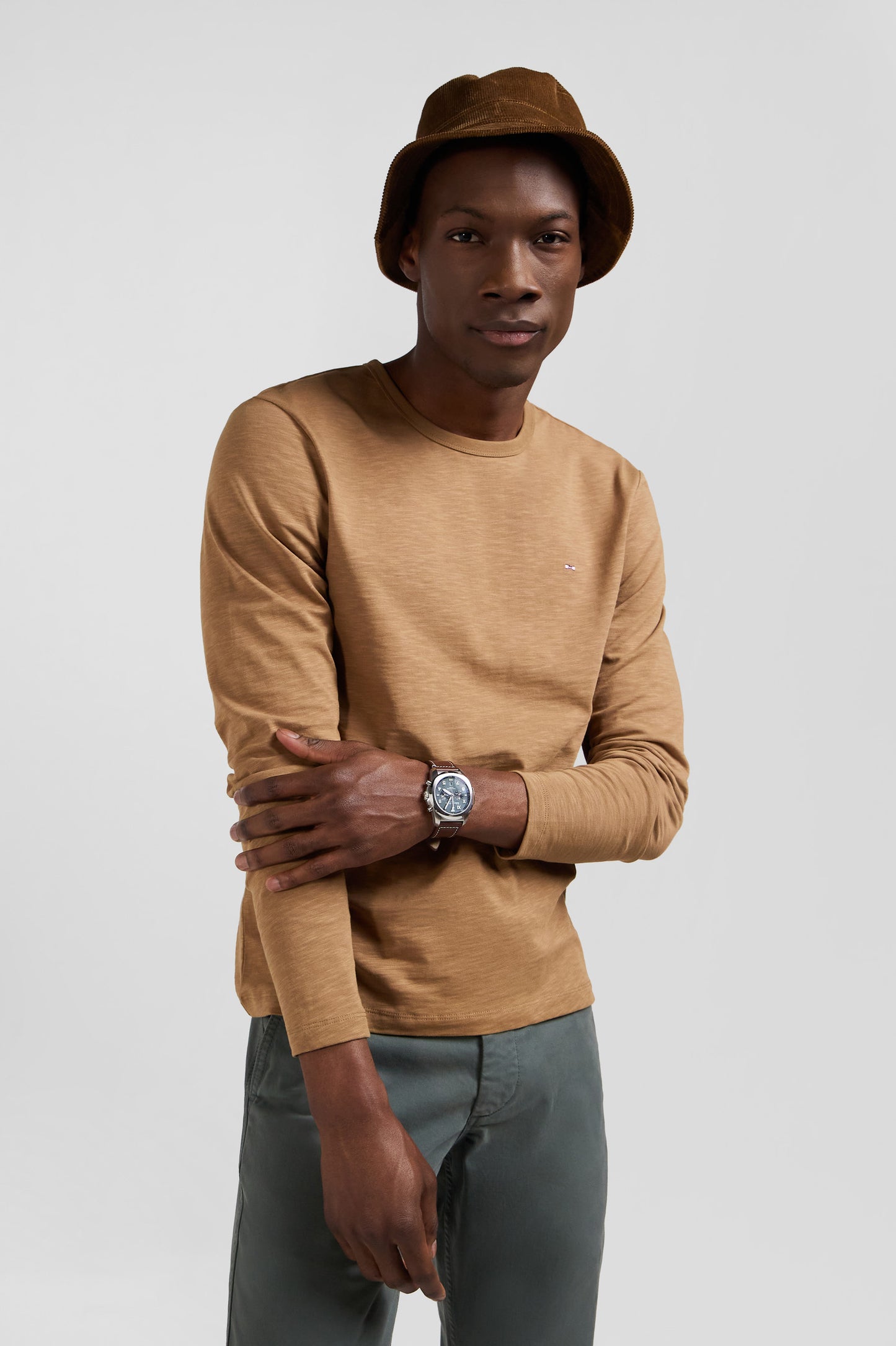 Slim camel long-sleeved cotton T-shirt