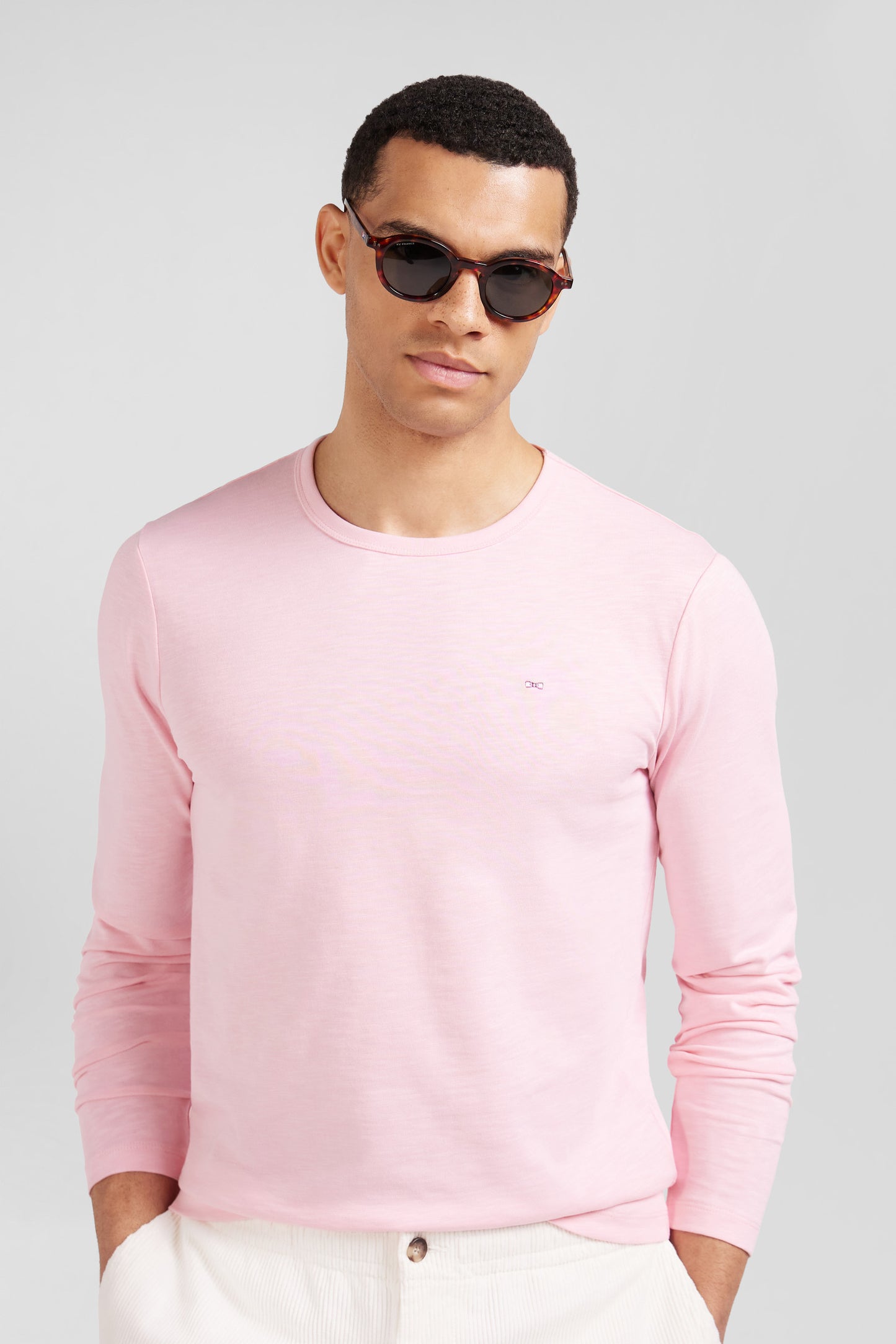 T-shirt manches longues en coton uni rose coupe Slim