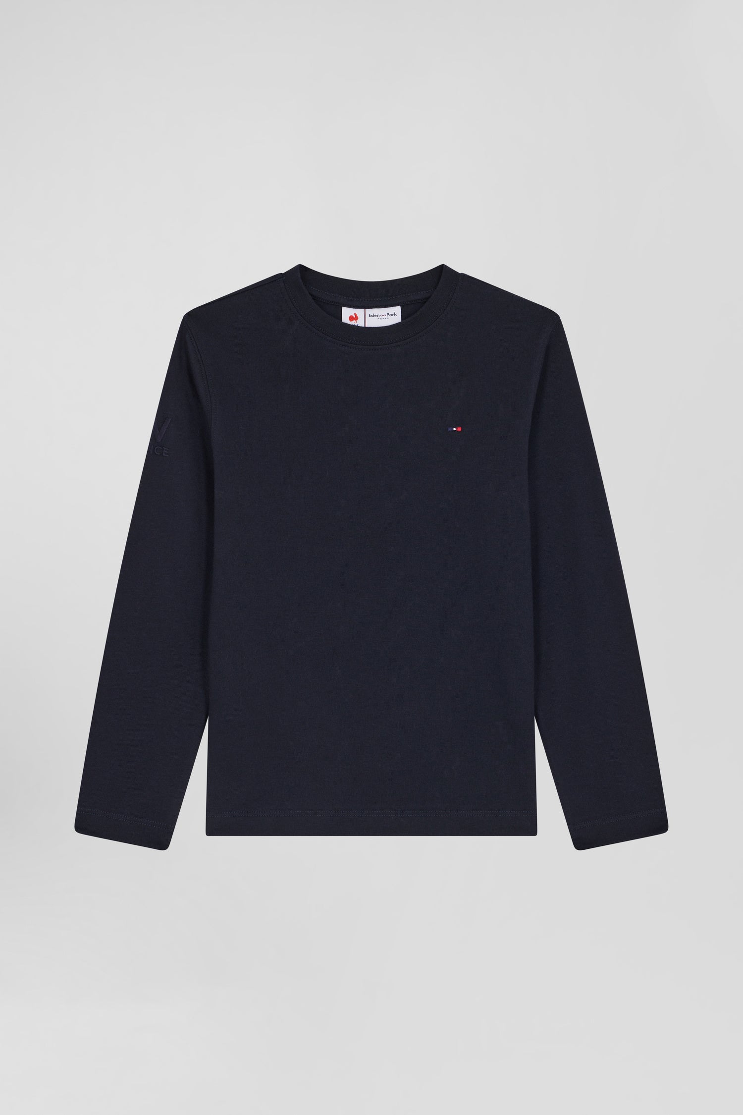 Regular navy blue long-sleeved cotton T-shirt with XV de France embroidery