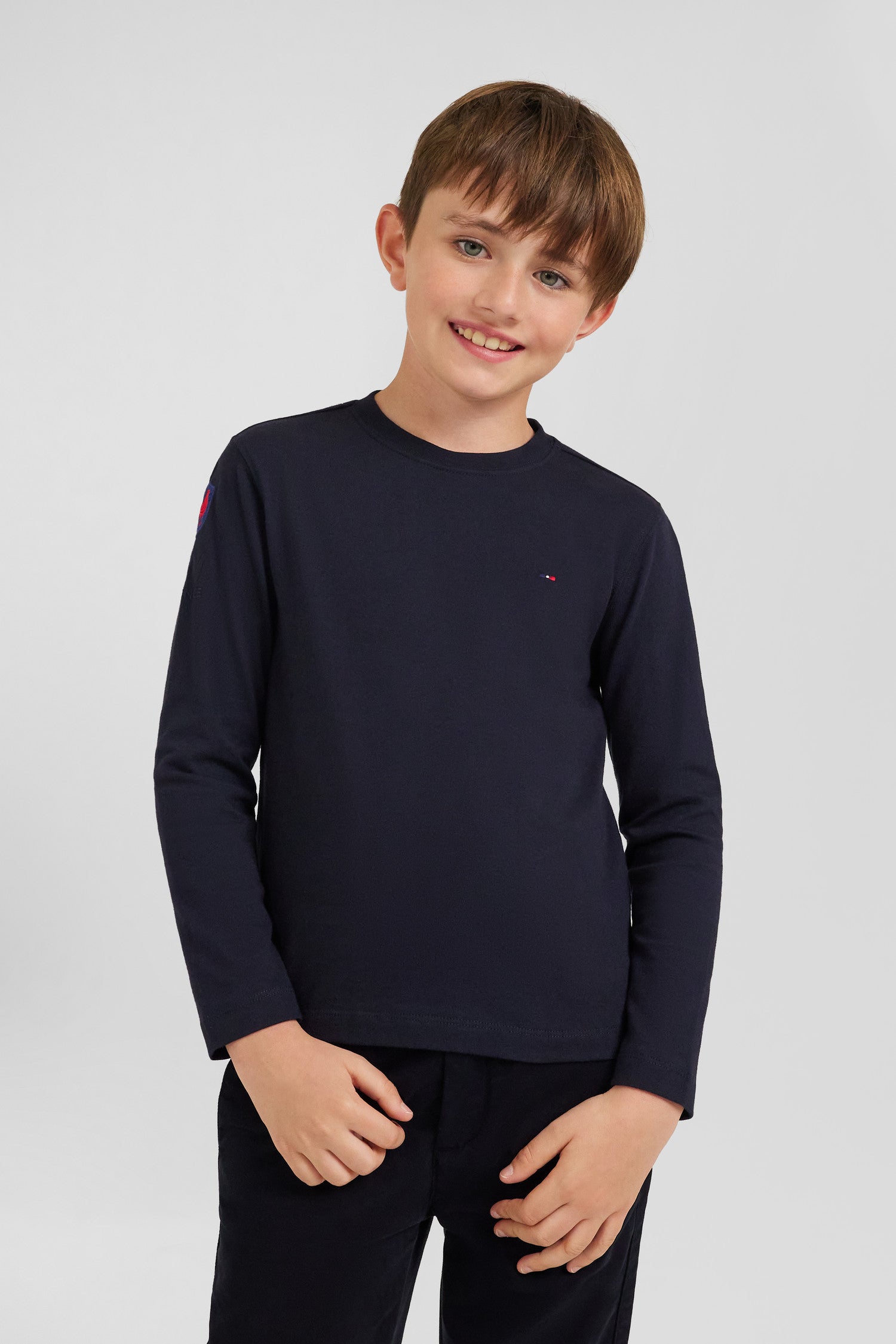 Regular navy blue long-sleeved cotton T-shirt with XV de France embroidery