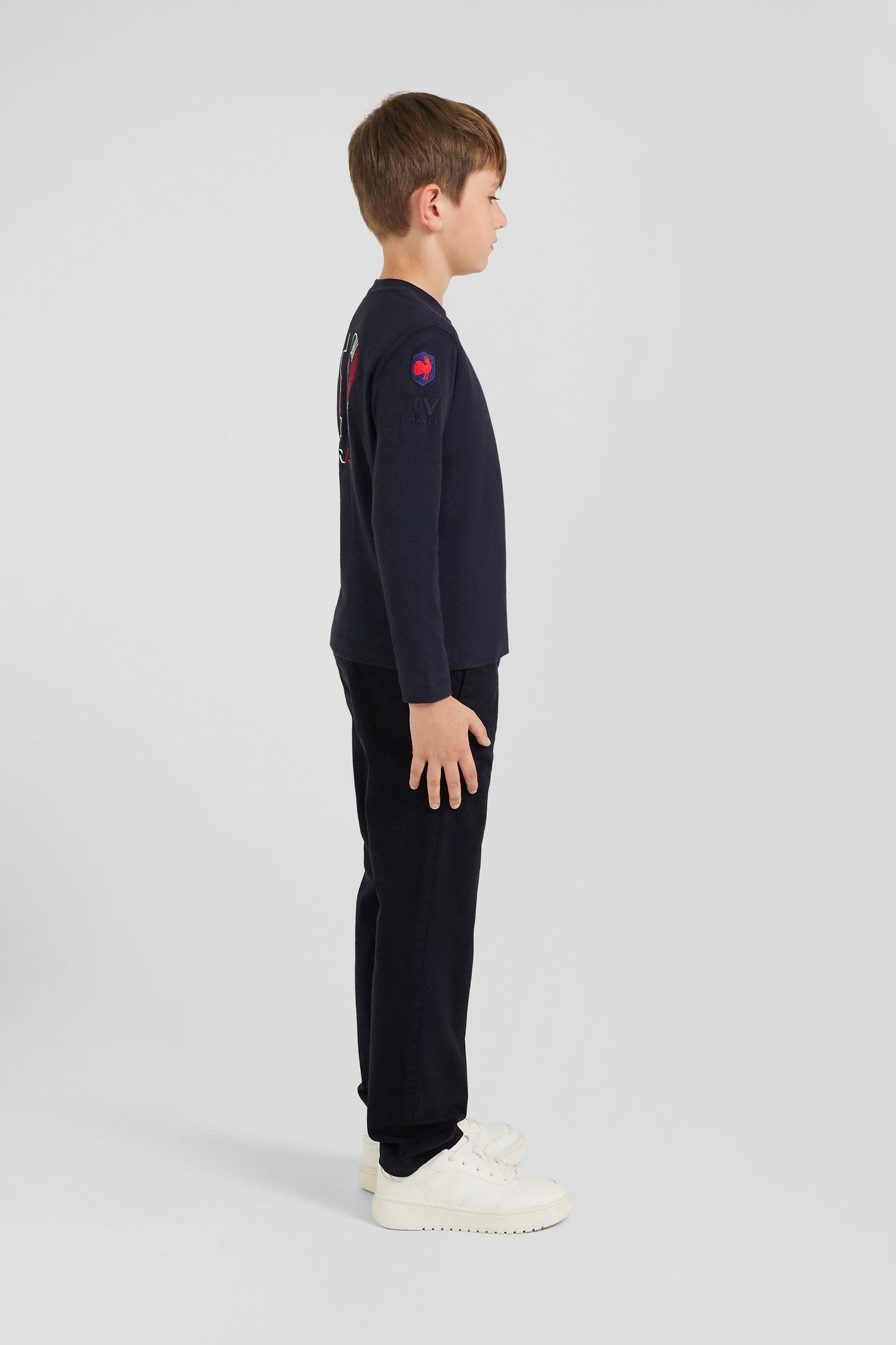 Regular navy blue long-sleeved cotton T-shirt with XV de France embroidery