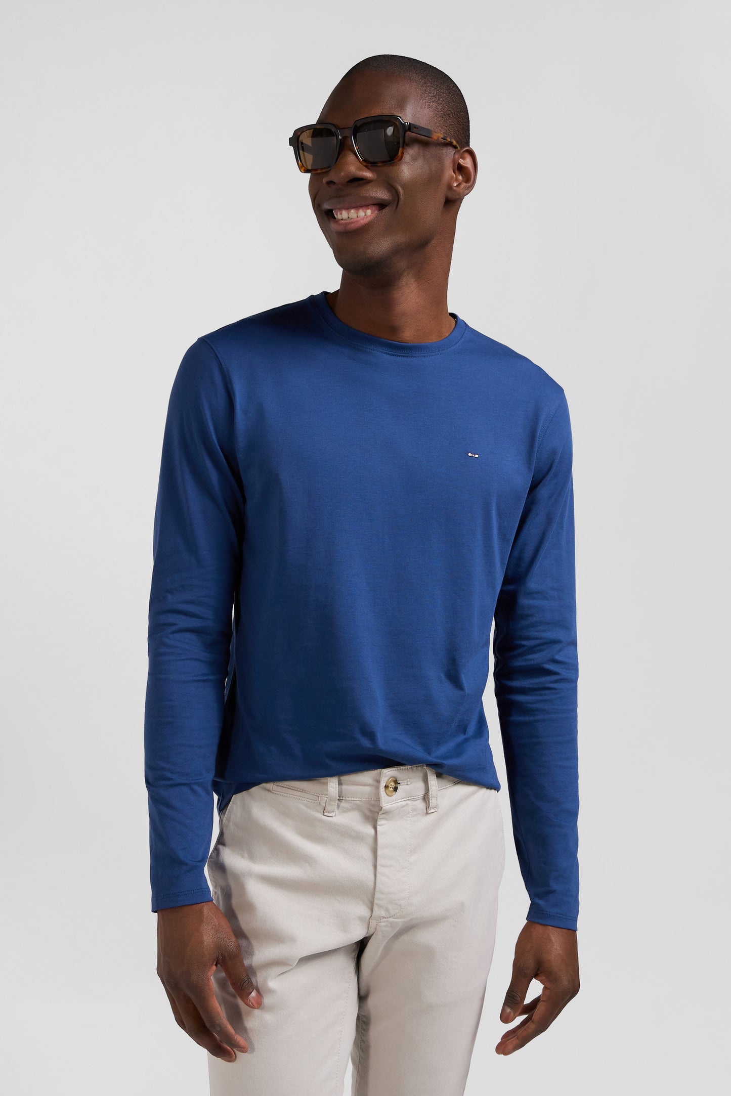 Regular blue long-sleeved cotton T-shirt