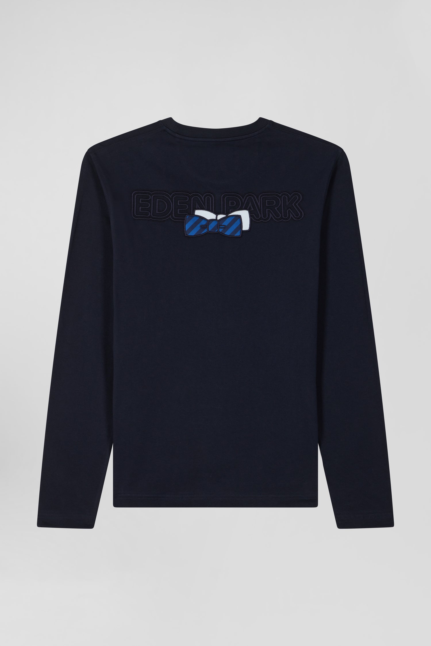 Regular navy long-sleeved cotton T-shirt with striped bow tie embroidery