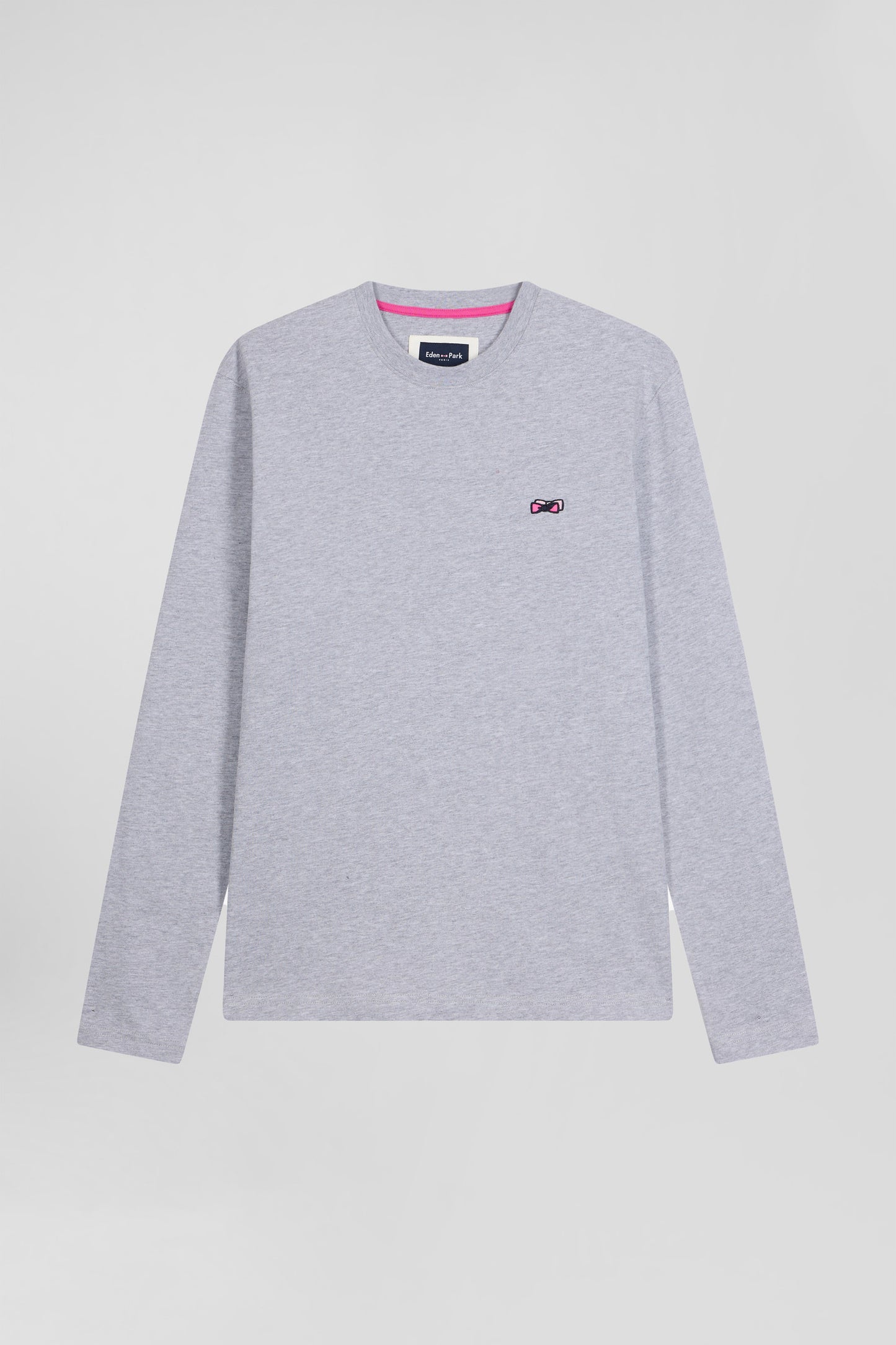 Regular grey long-sleeved cotton T-shirt with striped bow tie embroidery