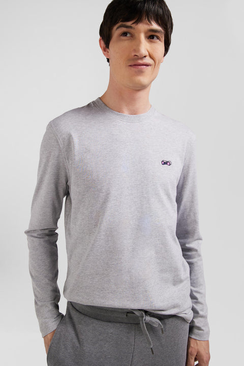 Regular grey long-sleeved cotton T-shirt with striped bow tie embroidery - Image 3