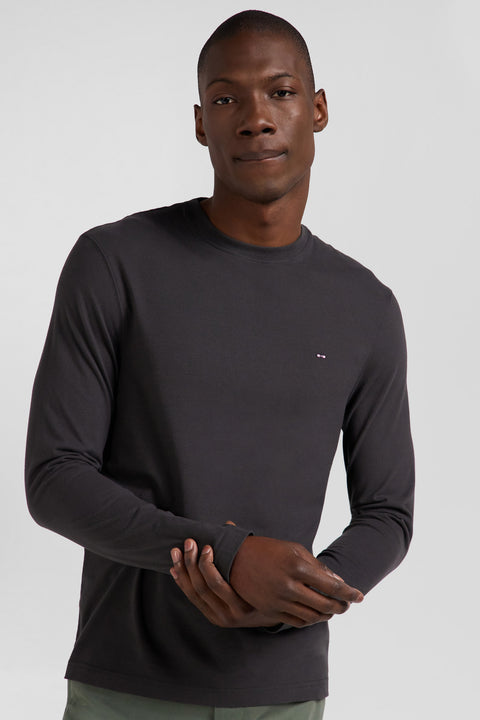 Regular khaki long-sleeved cotton T-shirt with floral back patch - Image 3