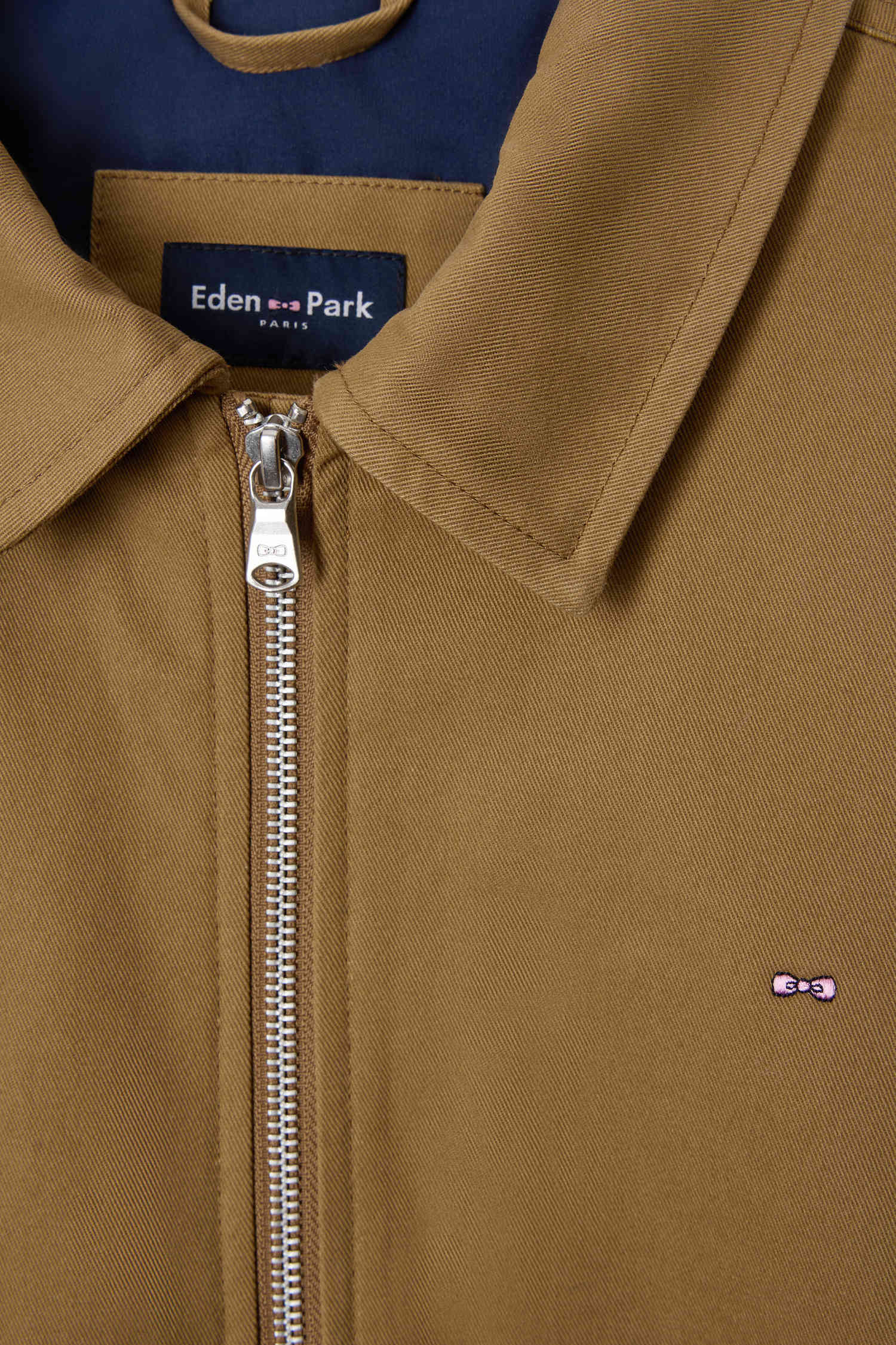 Blouson zippé à col chemise en gabardine de coton camel