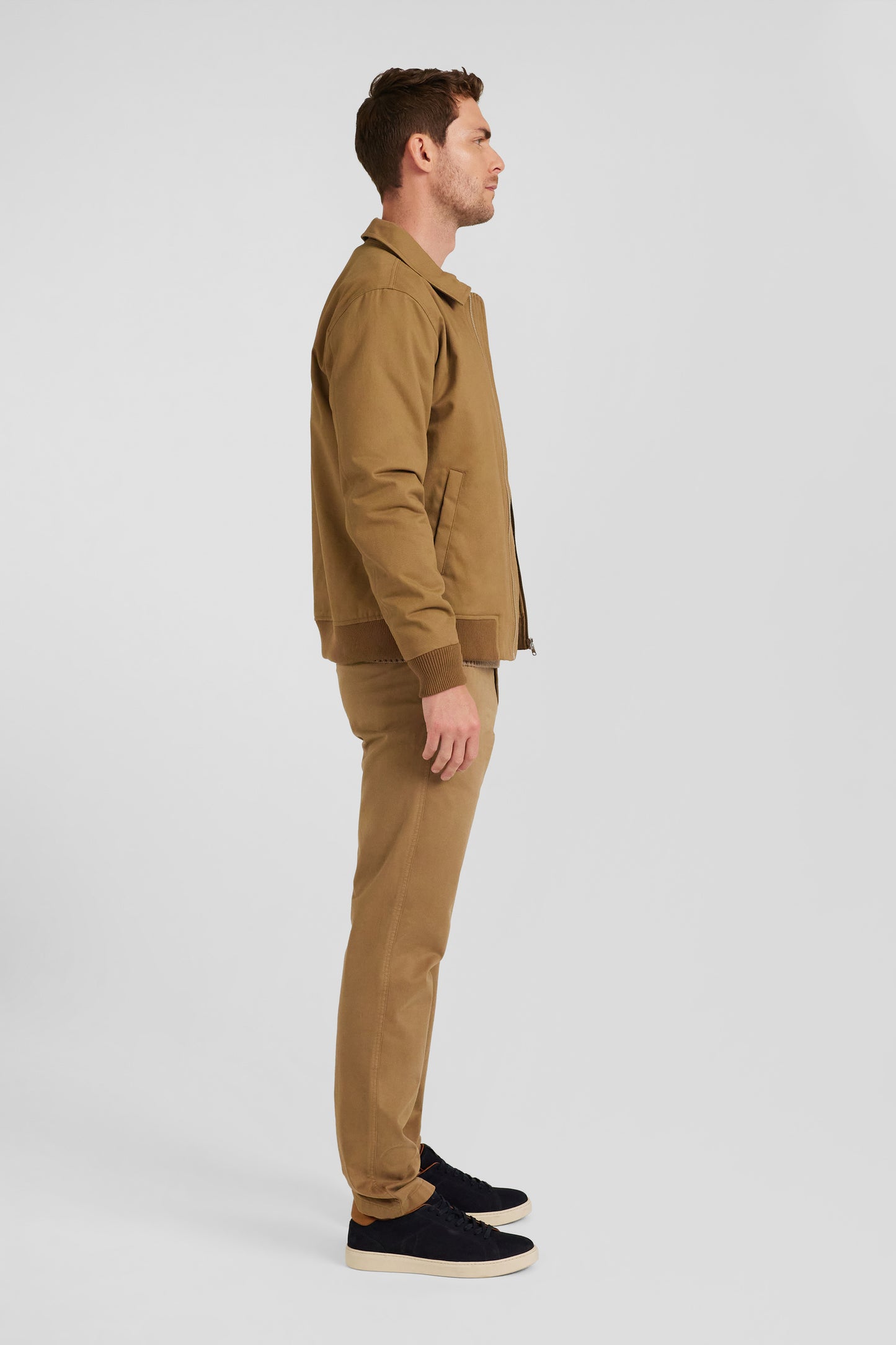 Zip jacket with shirt collar in hazelnut cotton gabardine