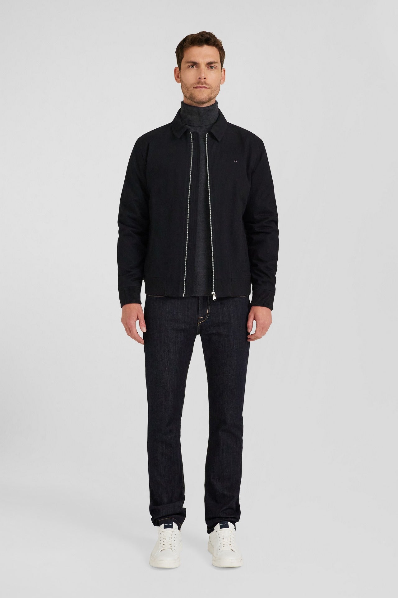 Navy blue gabardine cotton zip-up jacket with shirt collar