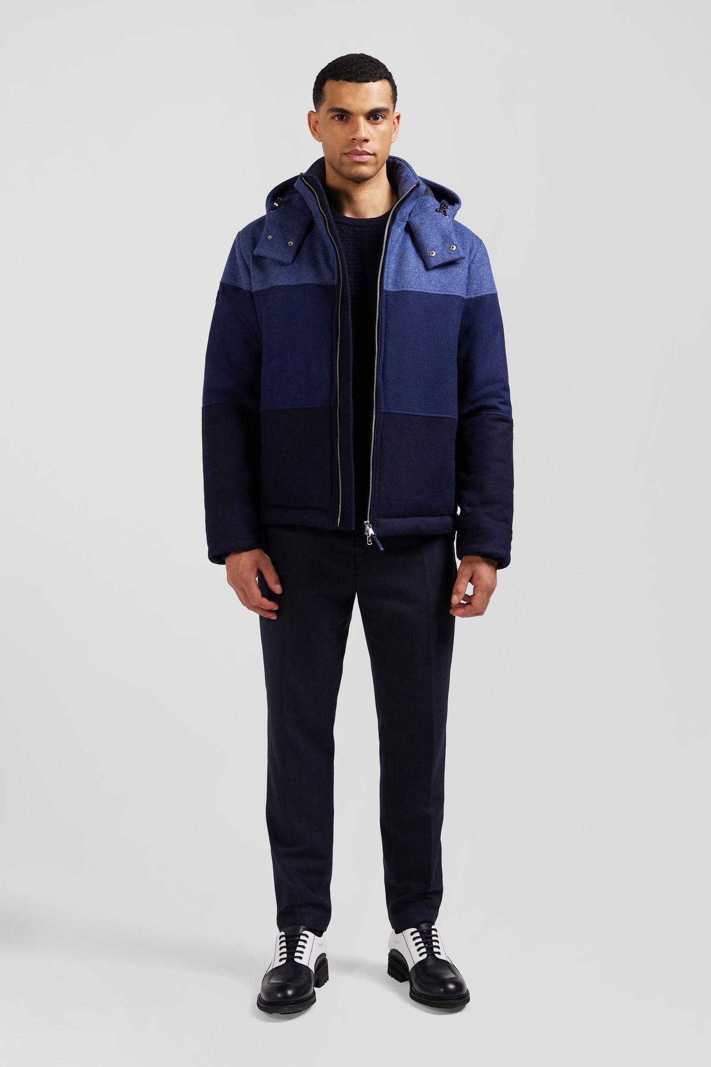 Navy blue hooded wool jersey jacket