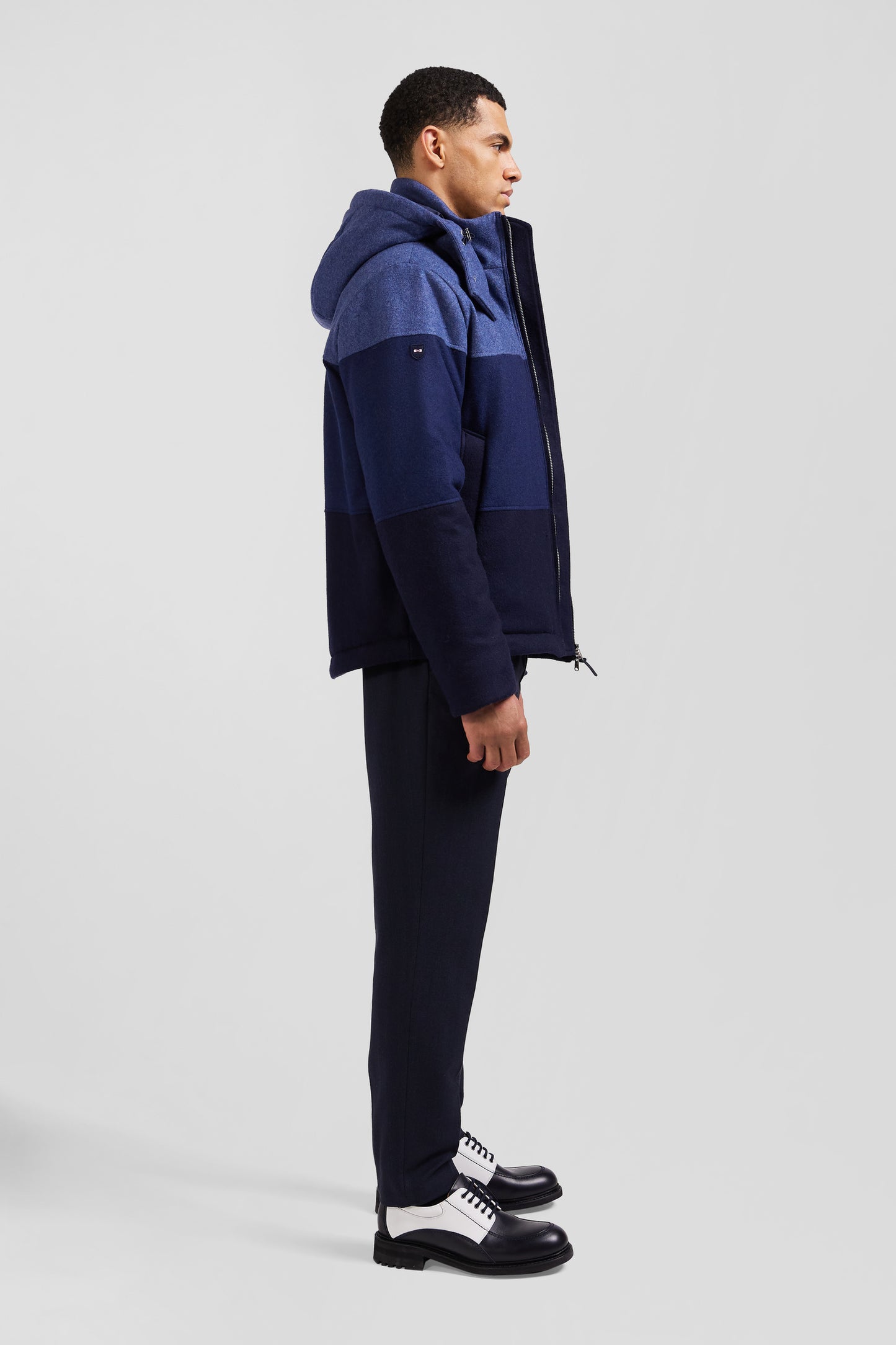 Navy blue hooded wool jersey jacket