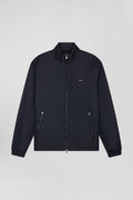 Navy blue matte nylon windbreaker with striped back embroidery