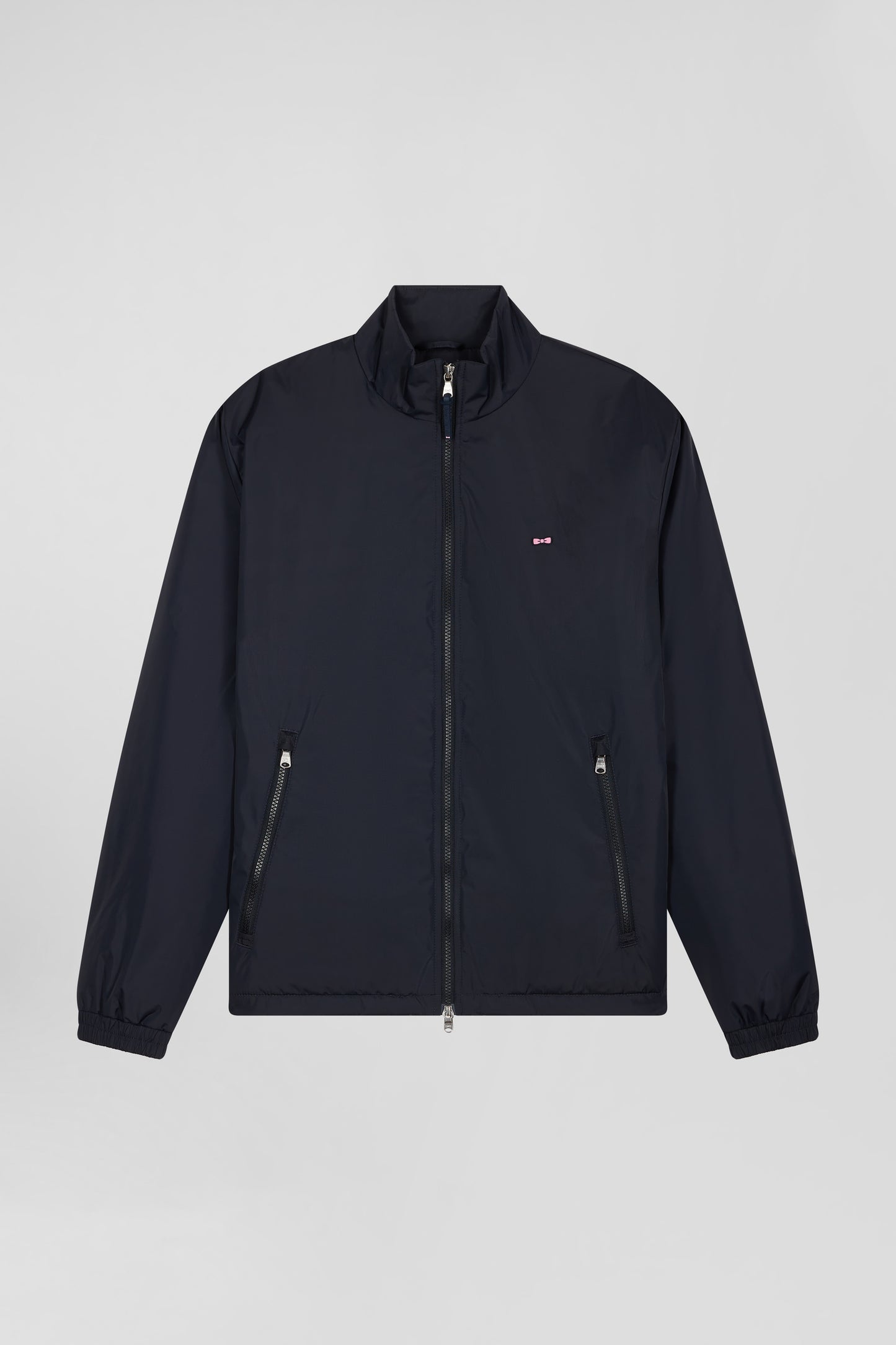 Navy blue matte nylon windbreaker with striped back embroidery