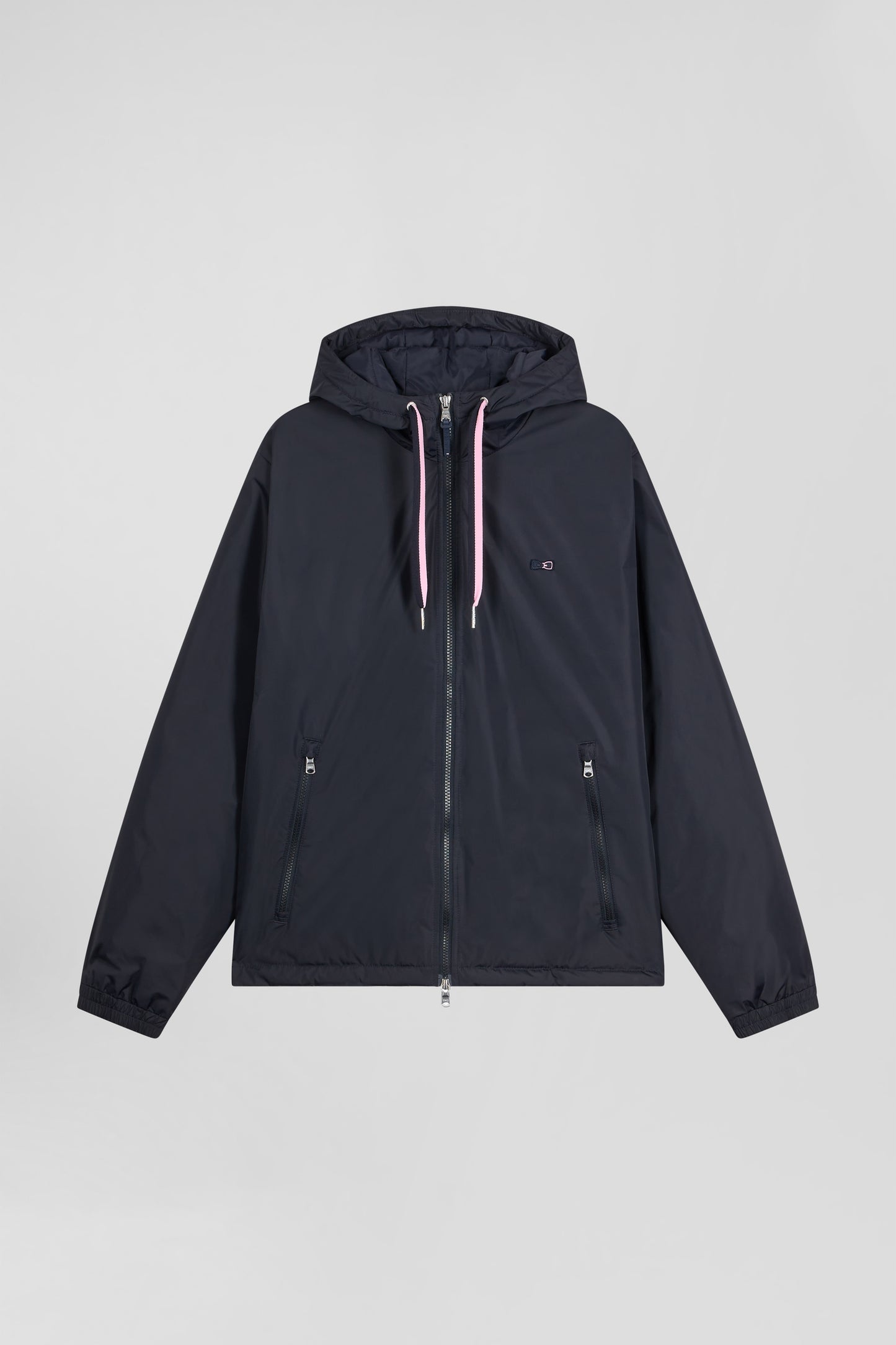 Navy blue hooded windbreaker jacket