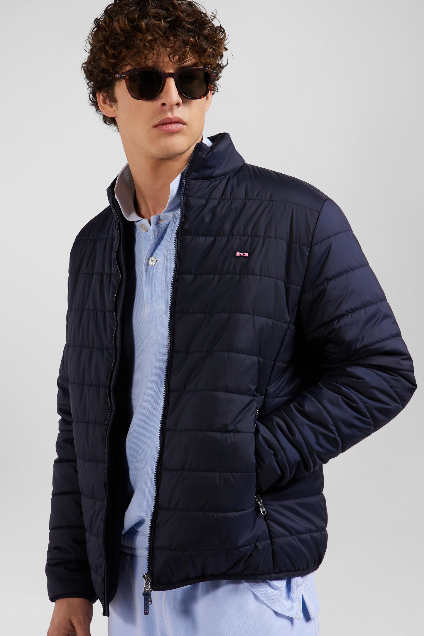 Navy blue long-sleeved high collar down jacket